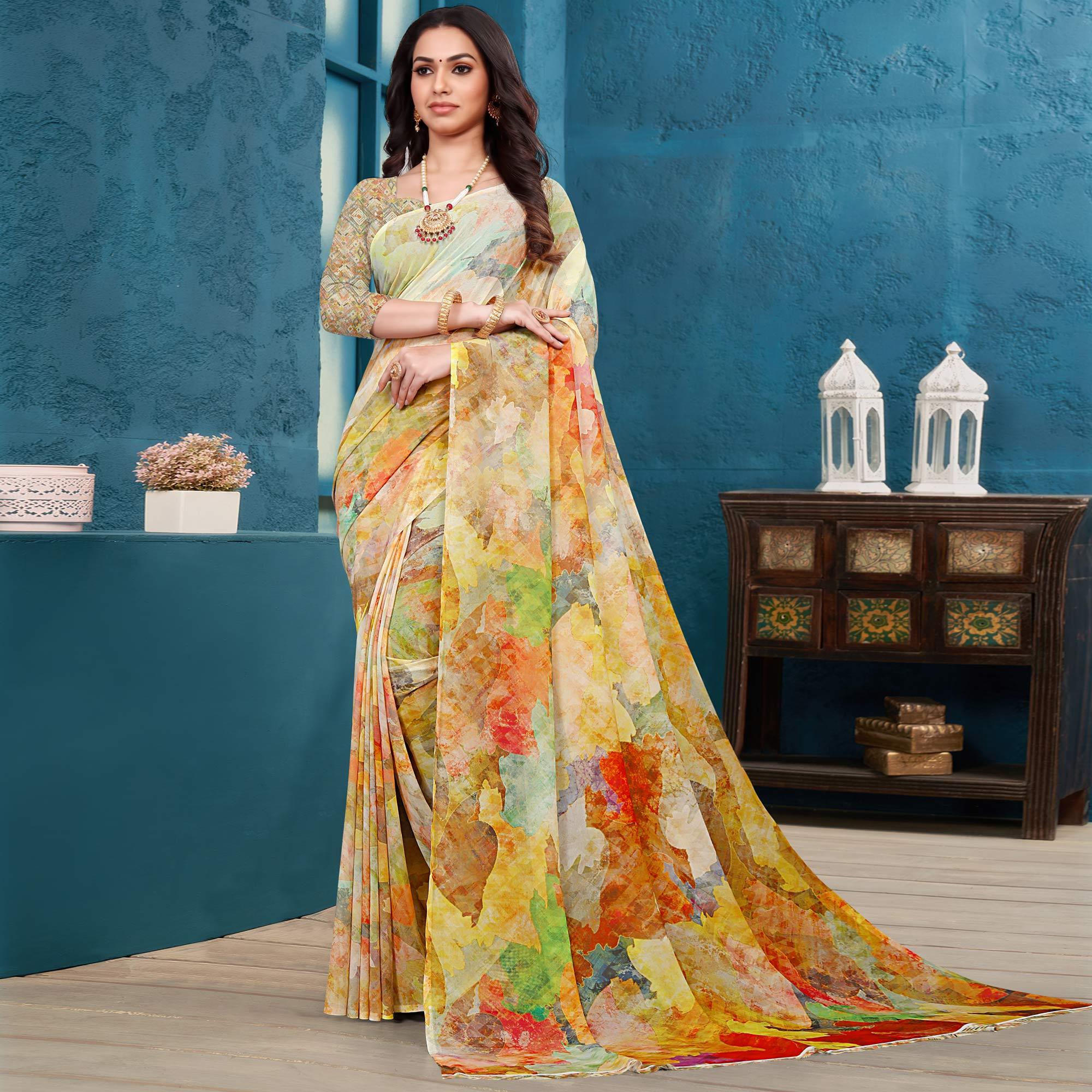 Multicolor Casual Wear Printed Georgette Saree - Peachmode