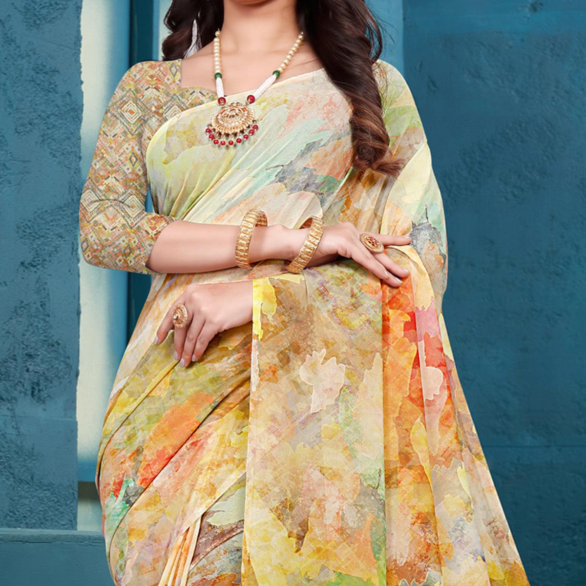 Multicolor Casual Wear Printed Georgette Saree - Peachmode