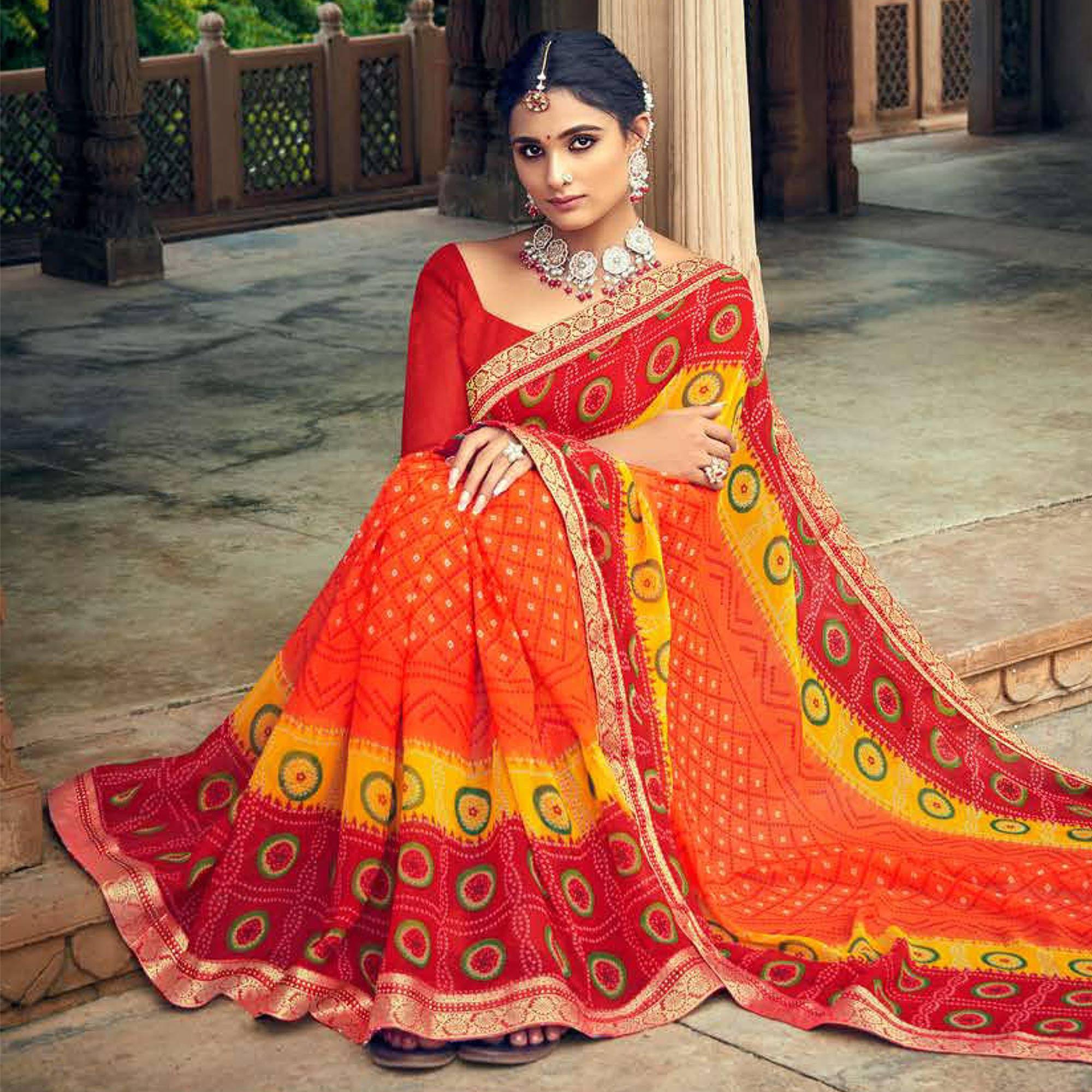 Multicolor Casual Wear Printed Georgette Saree - Peachmode