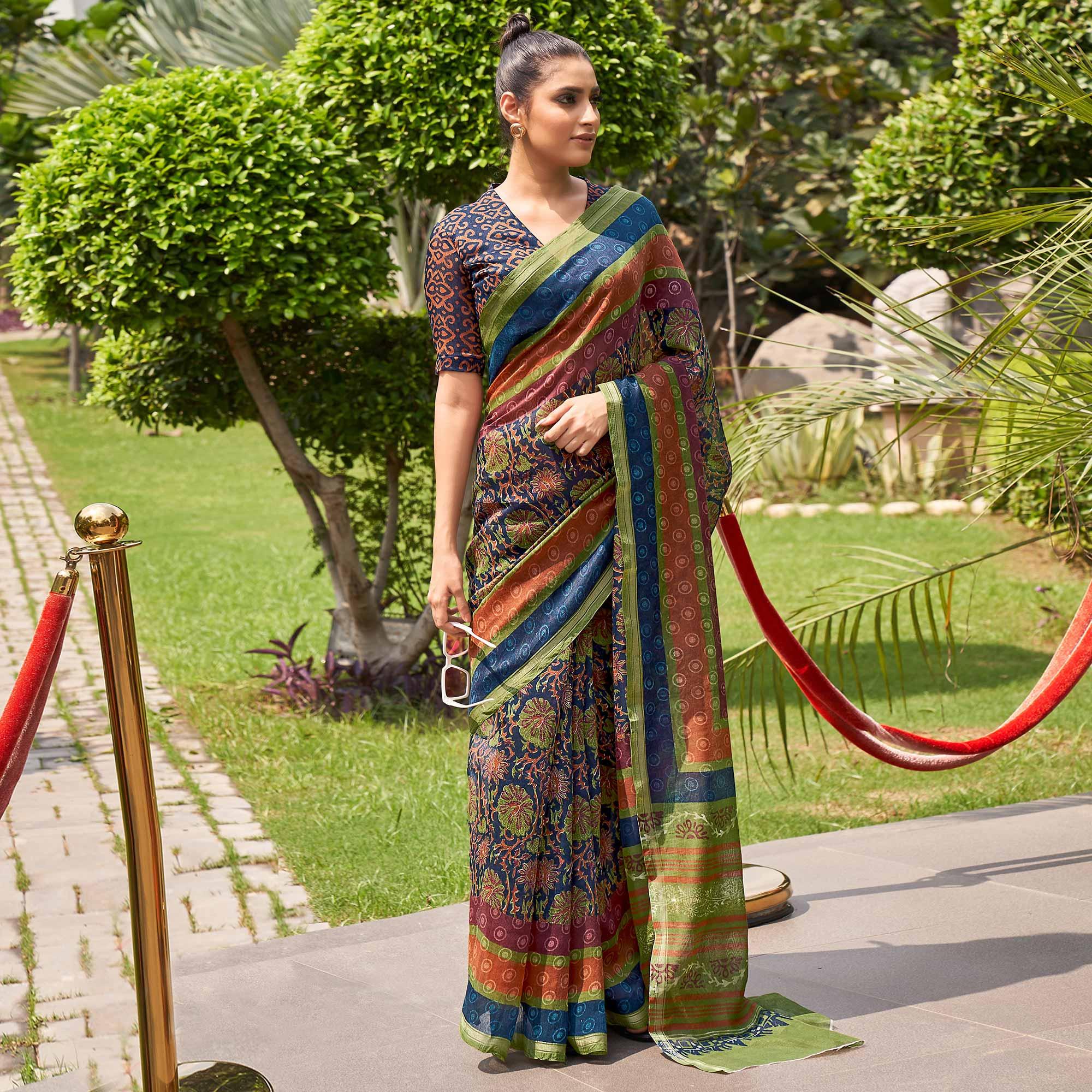 Multicolor Casual Wear Printed Linen Saree - Peachmode