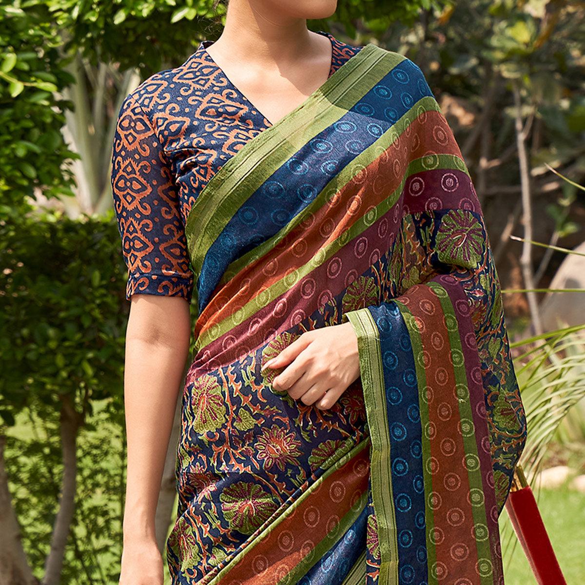 Multicolor Casual Wear Printed Linen Saree - Peachmode