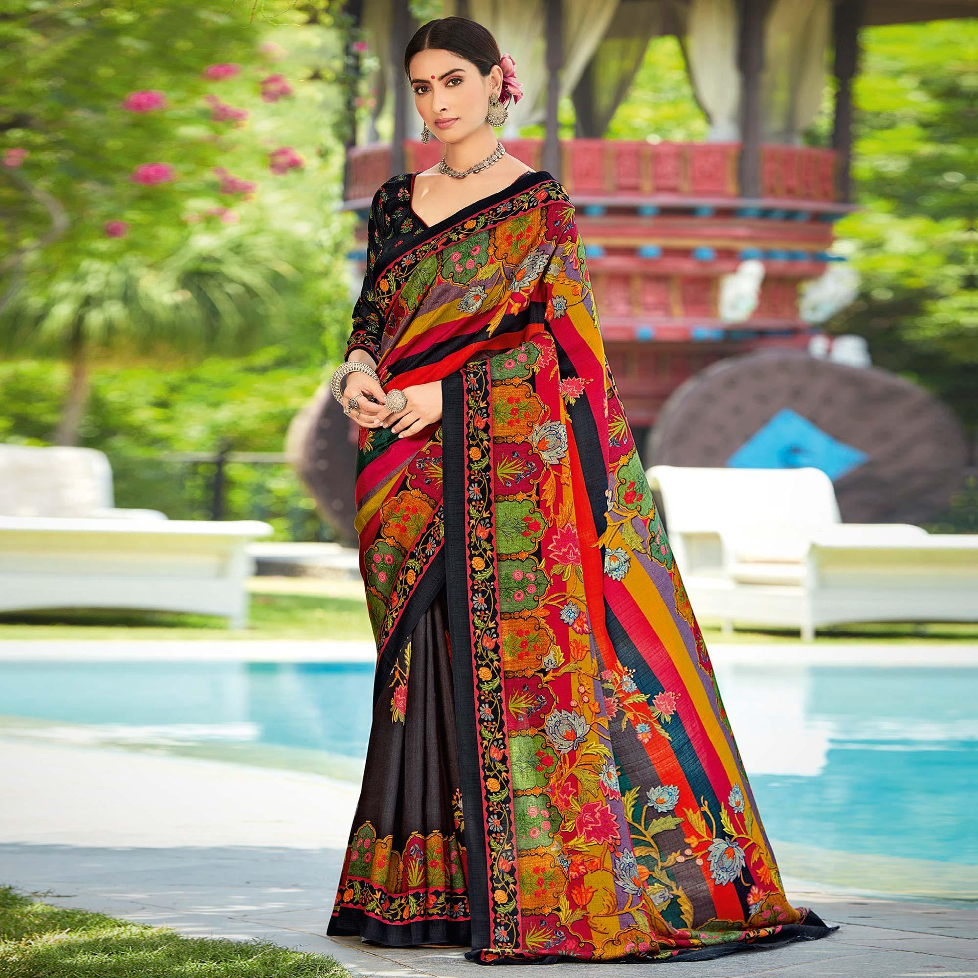 Multicolor Casual Wear Printed Silk Saree - Peachmode