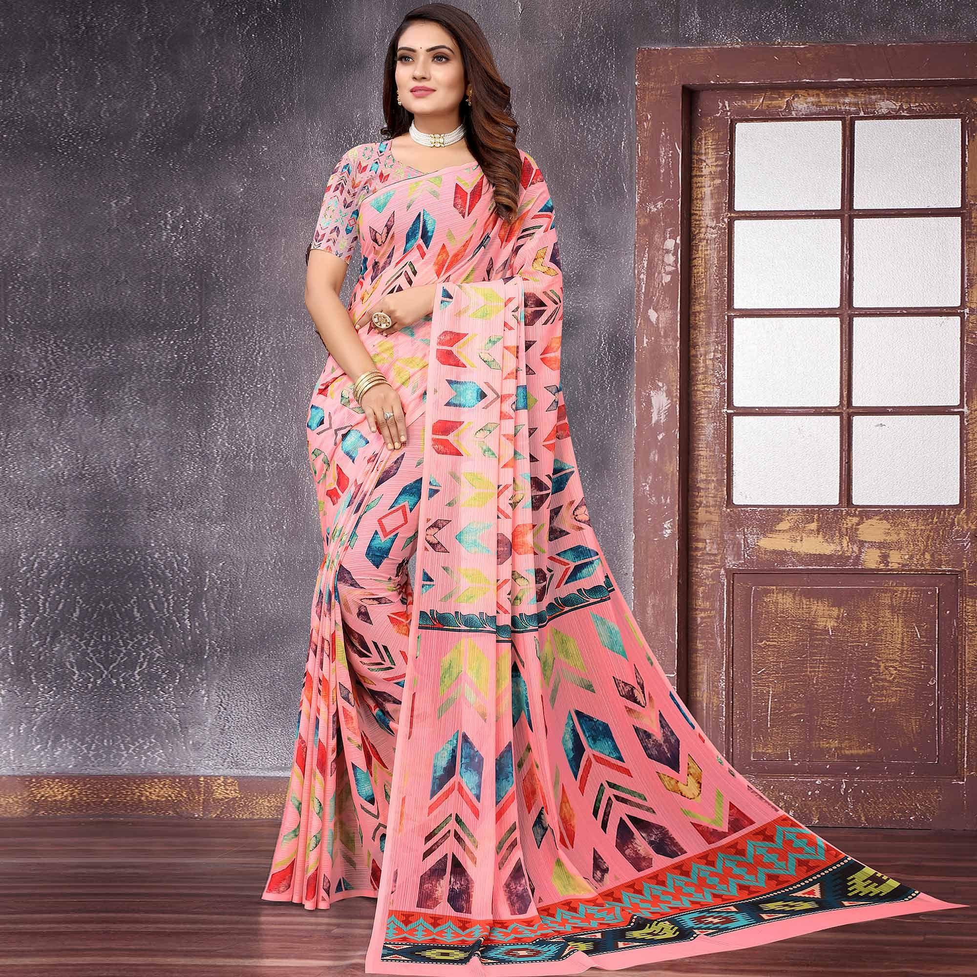 Multicolor Digital Printed Georgette Saree - Peachmode