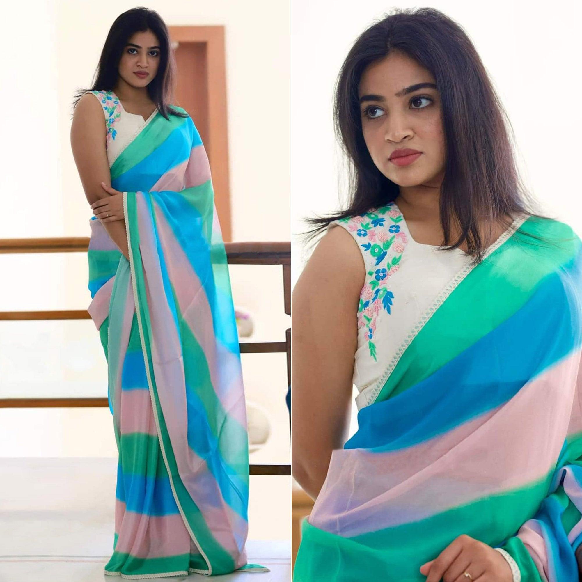 Multicolor Digital Printed Georgette Saree - Peachmode