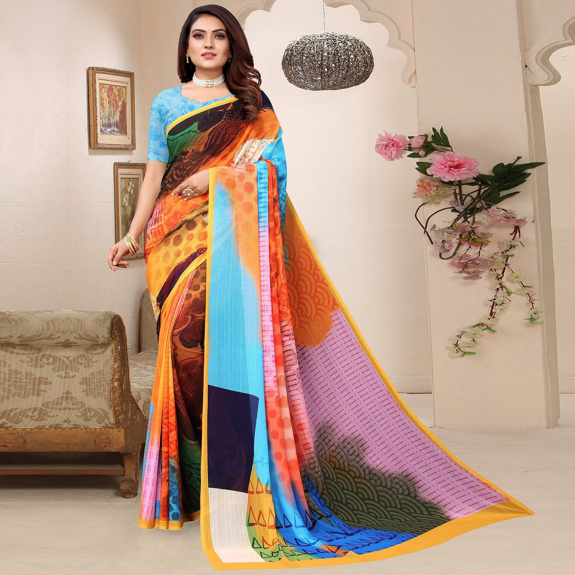Multicolor Digital Printed Georgette Saree - Peachmode