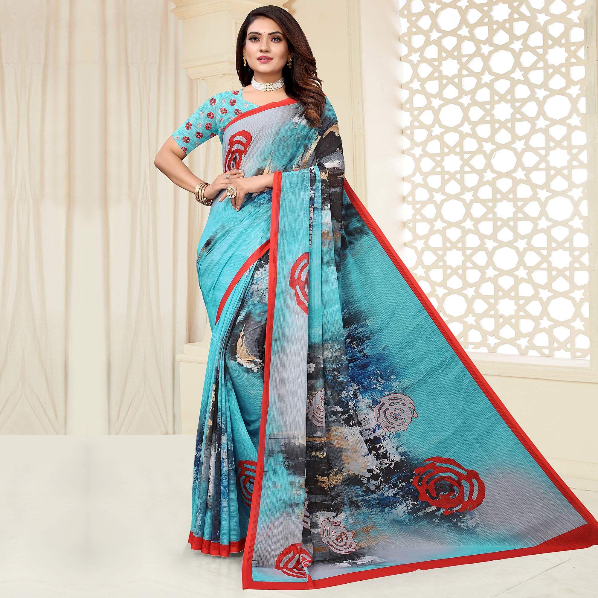 Multicolor Digital Printed Georgette Saree - Peachmode