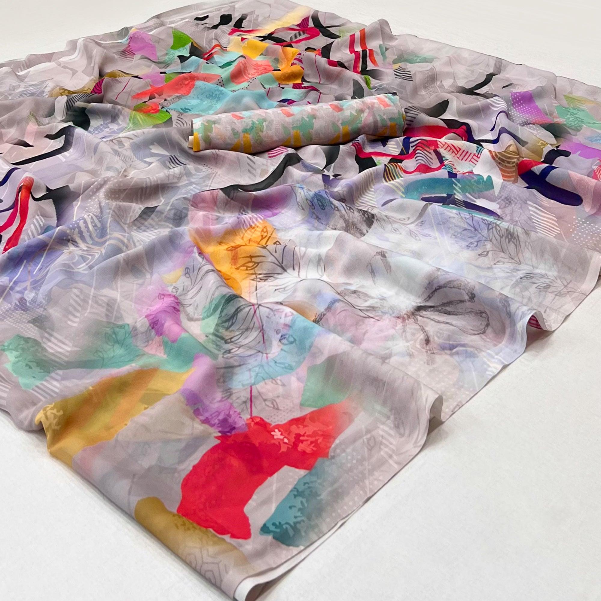 Multicolor Digital Printed Georgette Saree - Peachmode