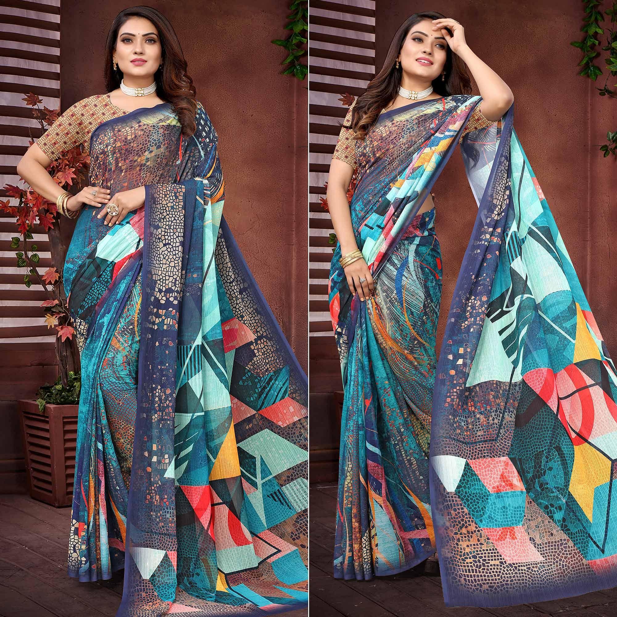 Multicolor Digital Printed Georgette Saree - Peachmode