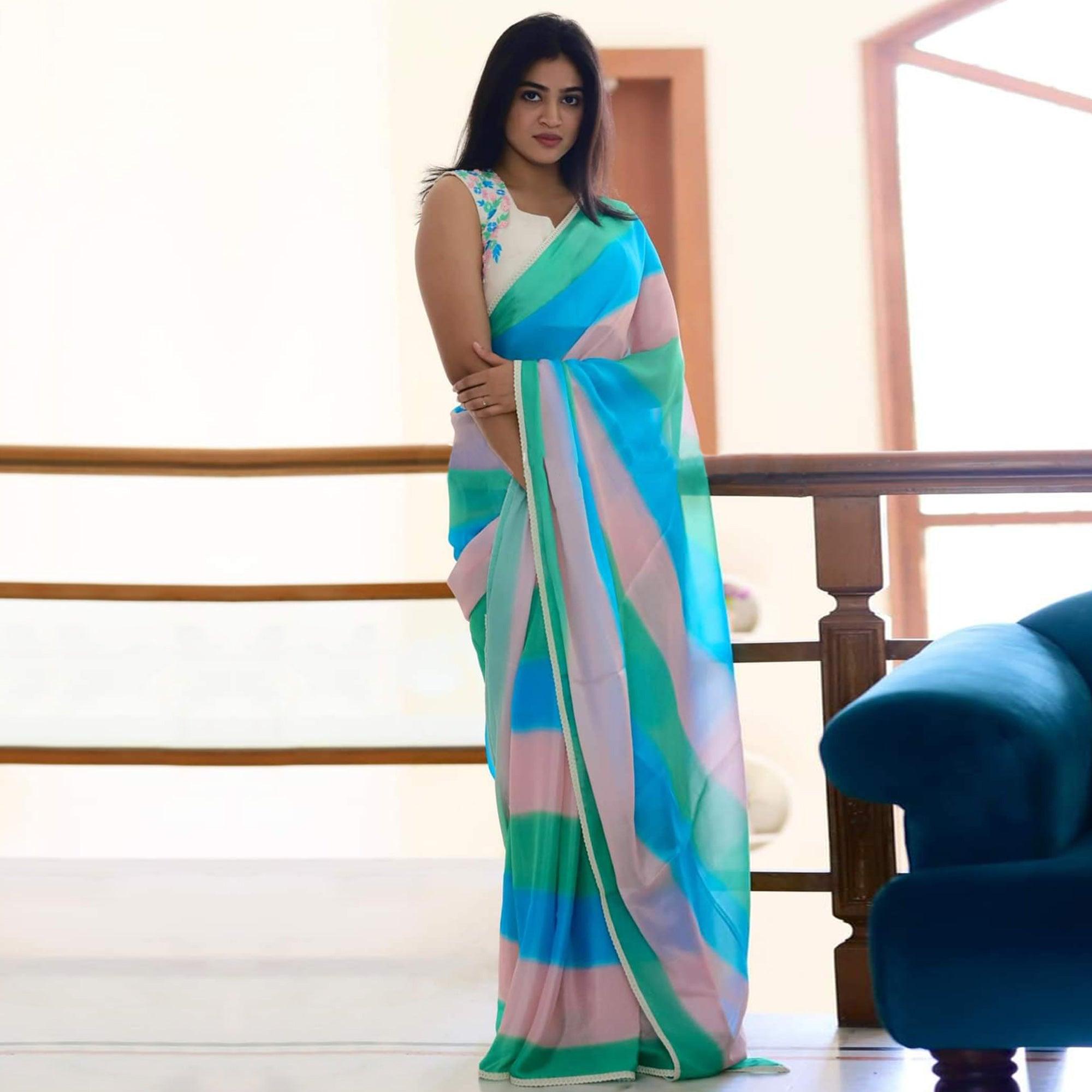 Multicolor Digital Printed Georgette Saree - Peachmode