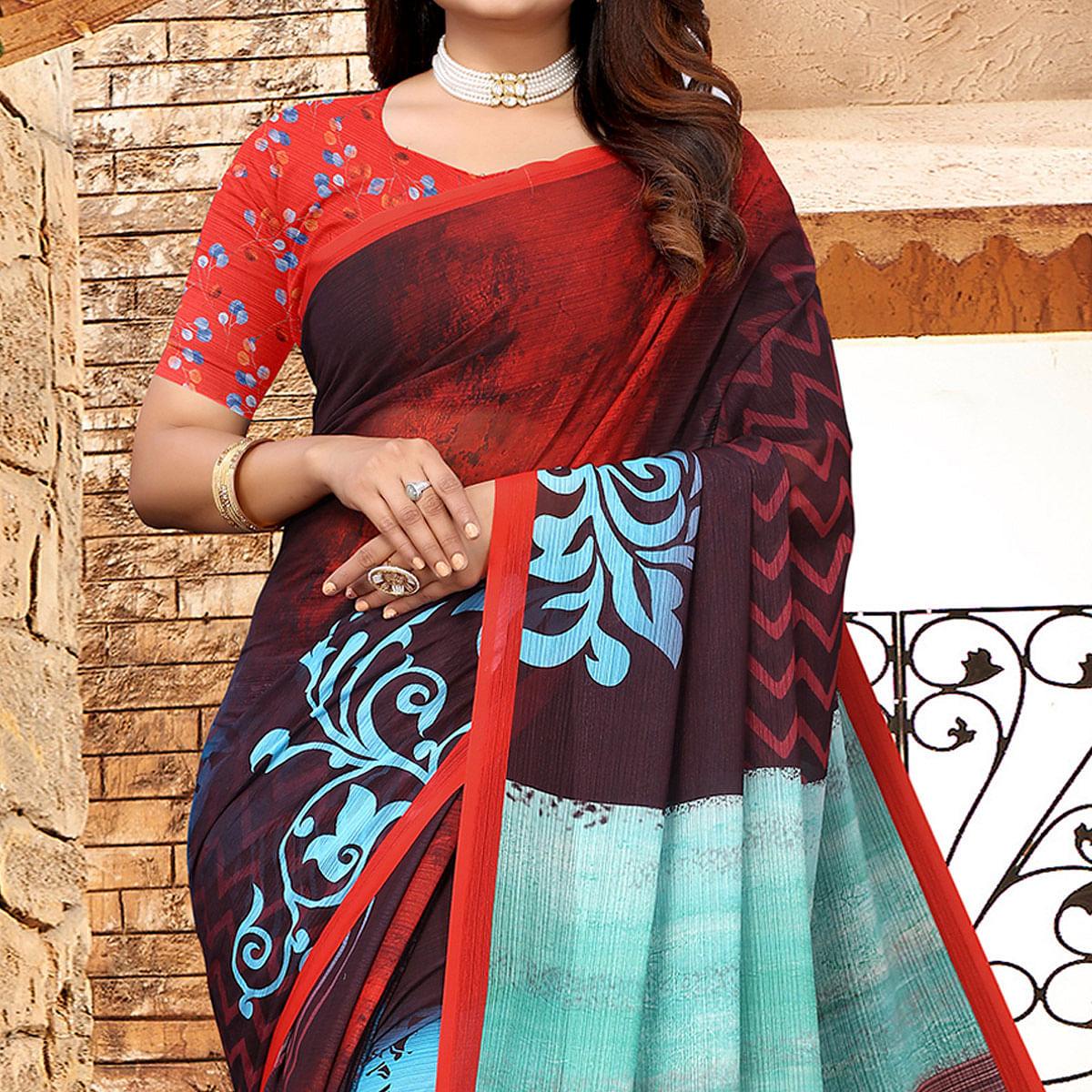 Multicolor Digital Printed Georgette Saree - Peachmode