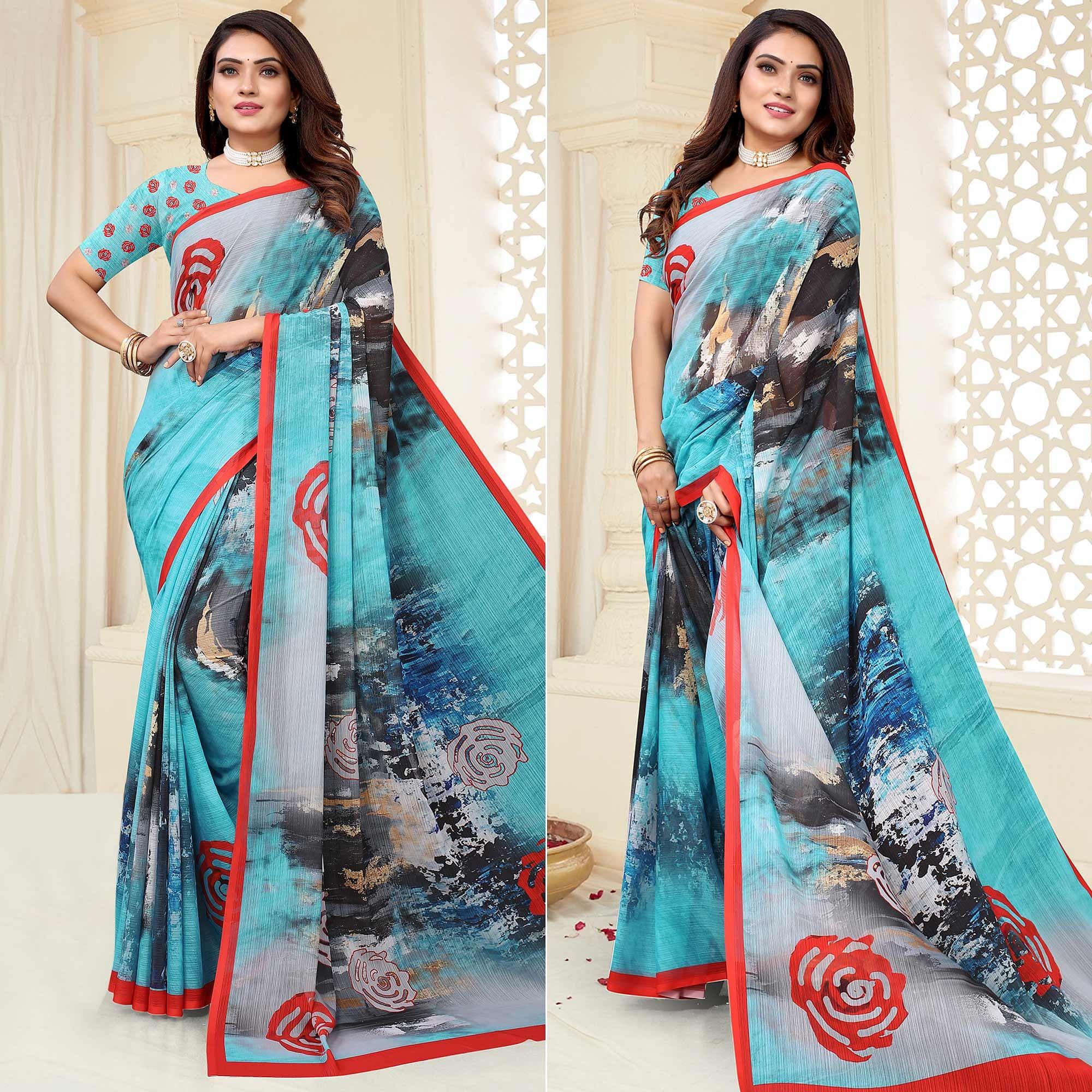 Multicolor Digital Printed Georgette Saree - Peachmode