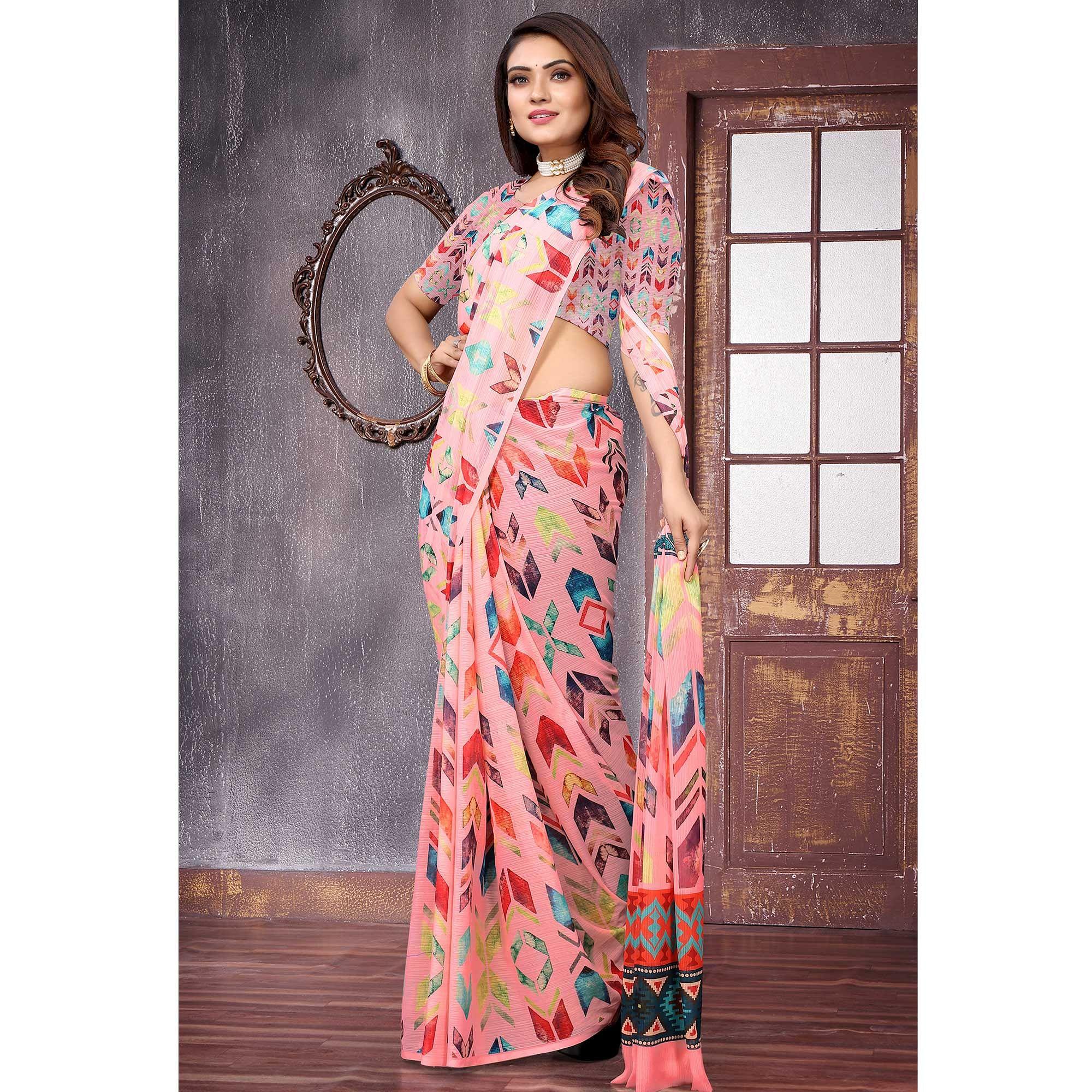 Multicolor Digital Printed Georgette Saree - Peachmode