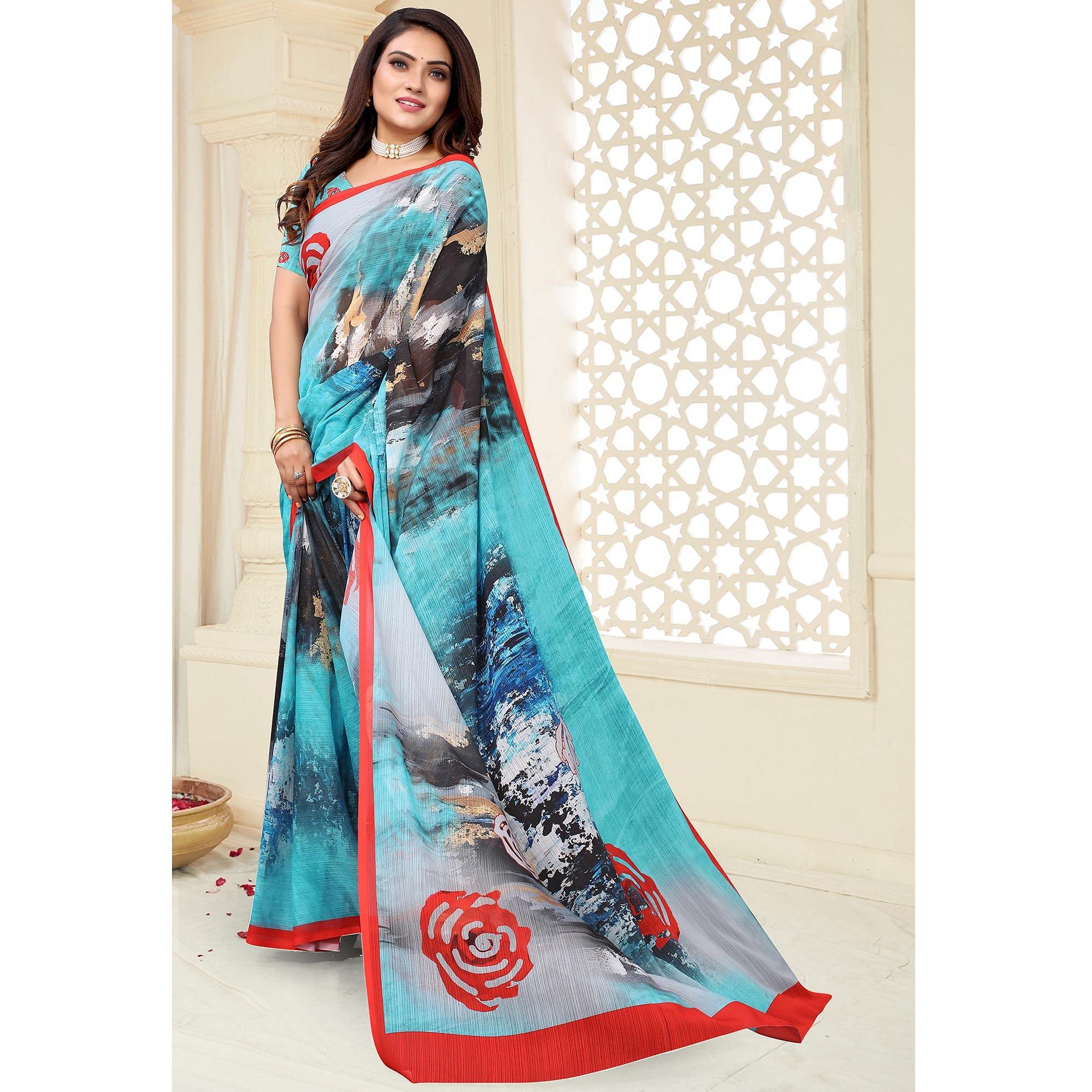 Multicolor Digital Printed Georgette Saree - Peachmode