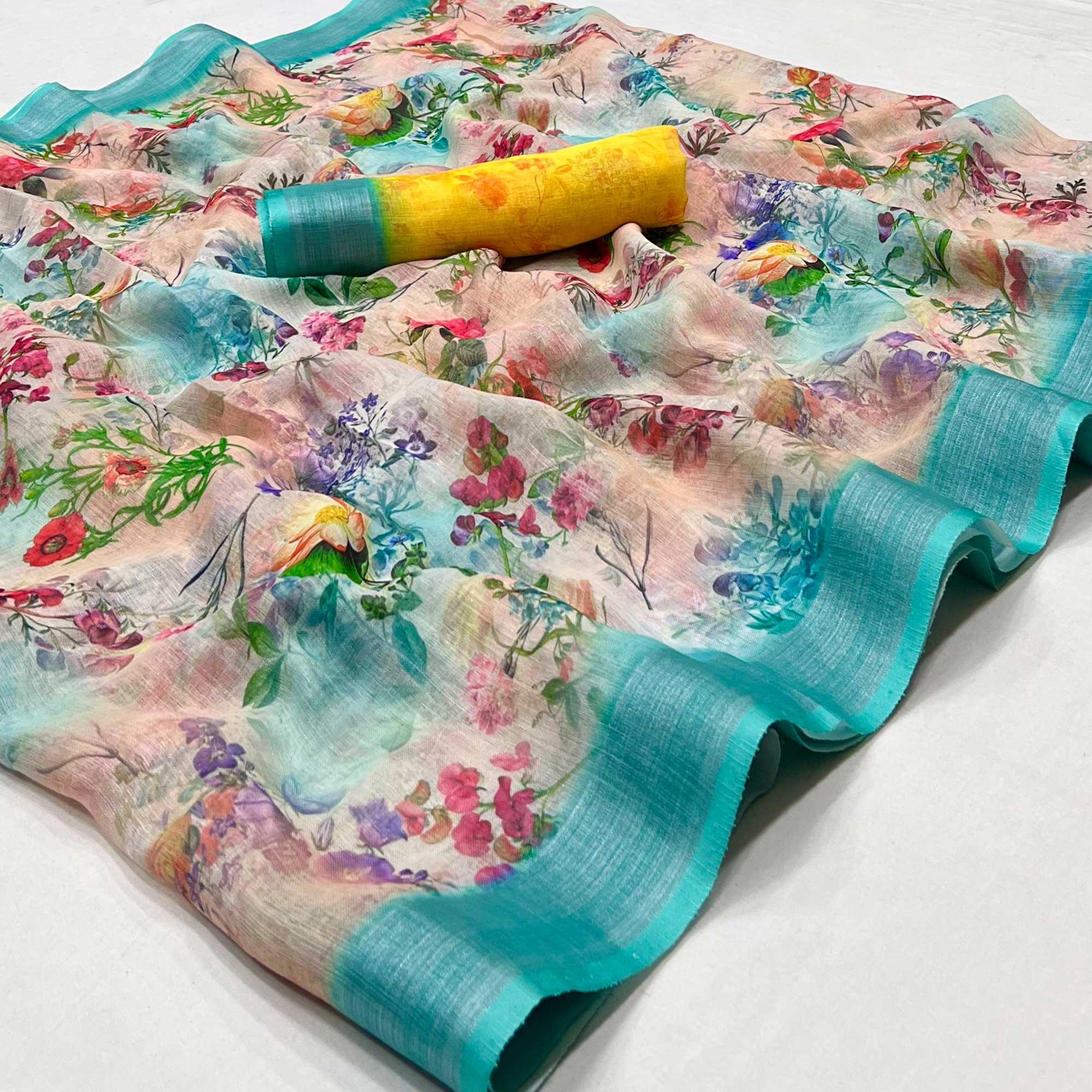 Multicolor Digital Printed Linen Saree - Peachmode