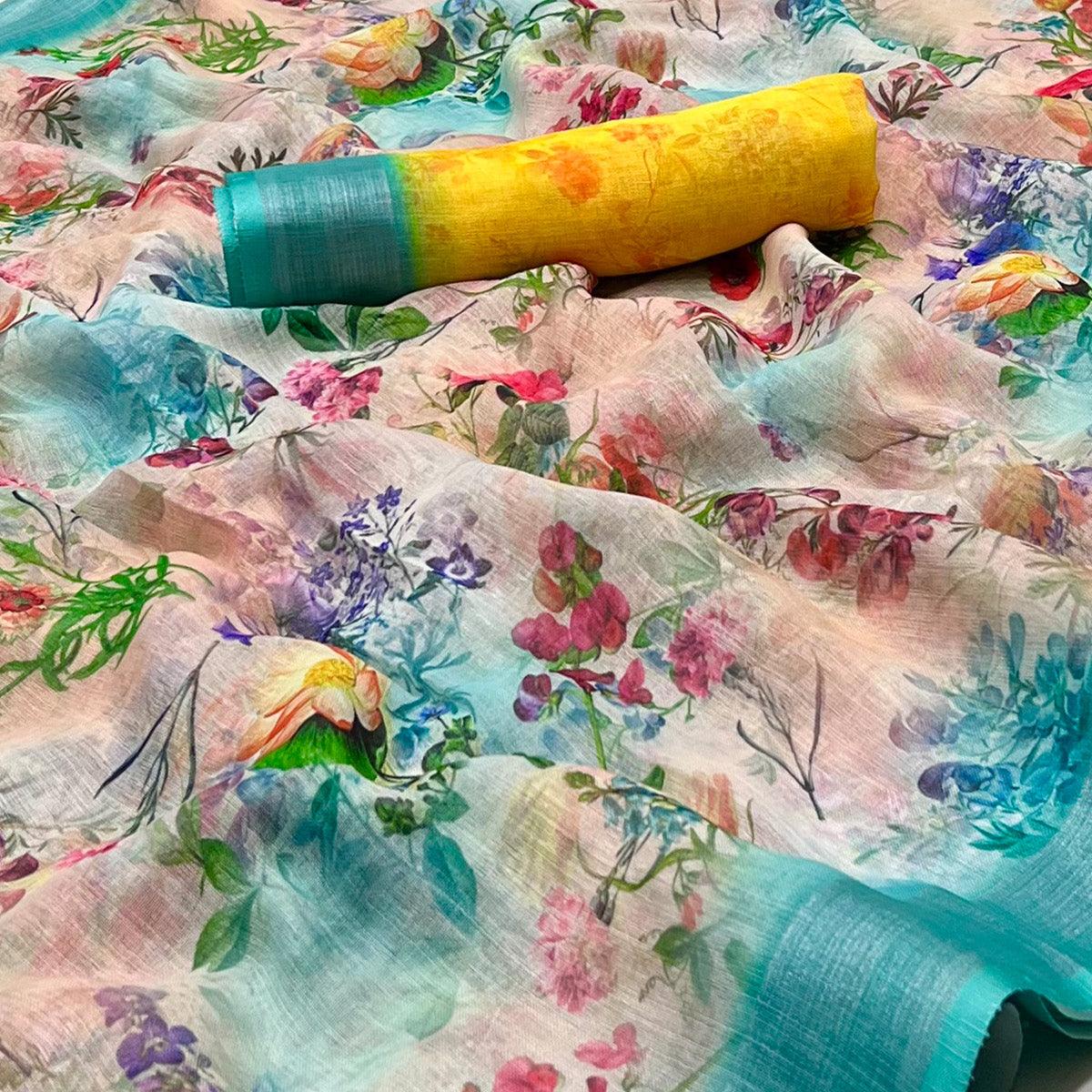 Multicolor Digital Printed Linen Saree - Peachmode