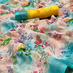 Multicolor Digital Printed Linen Saree - Peachmode