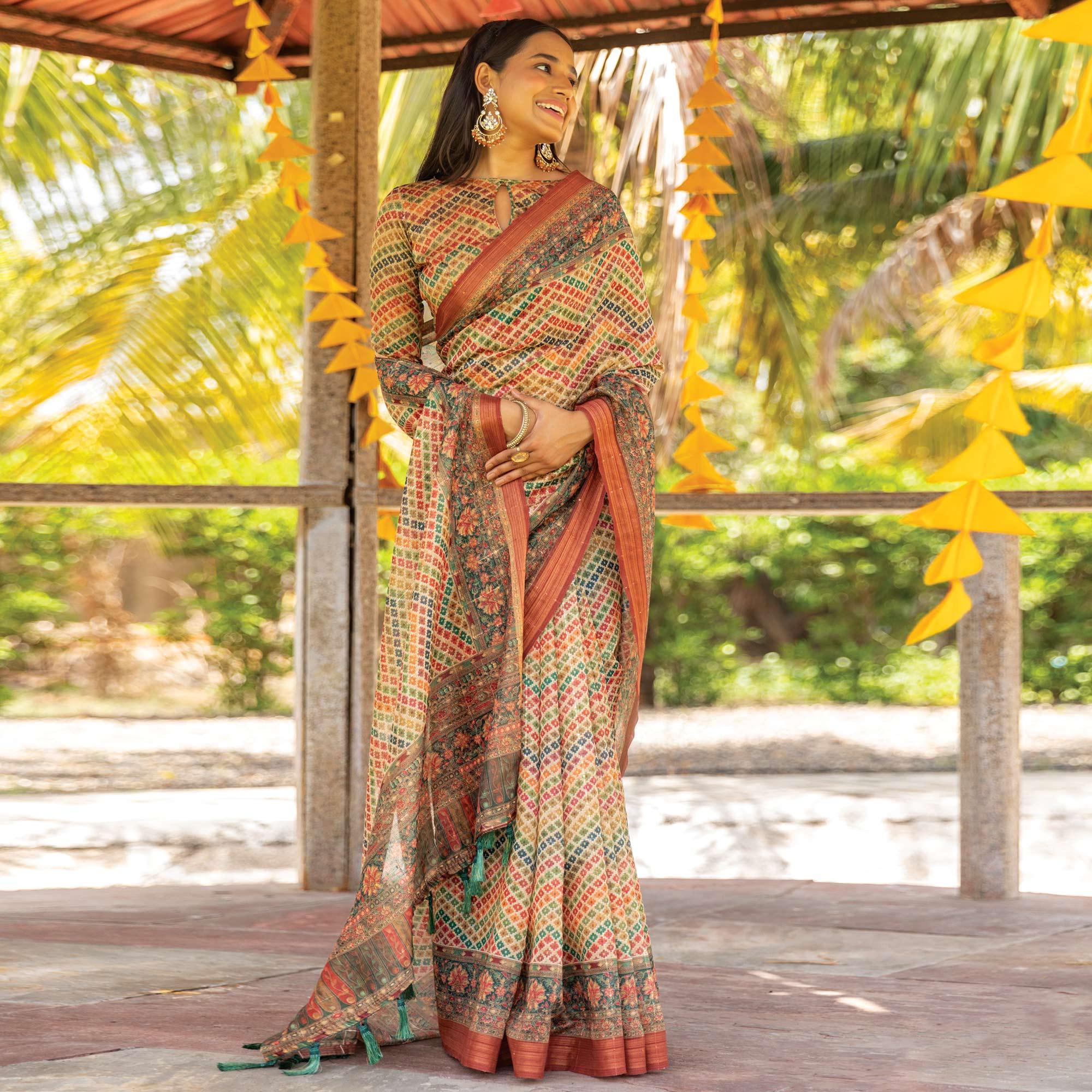 Multicolor Digital Printed Linen Saree With Tassels - Peachmode
