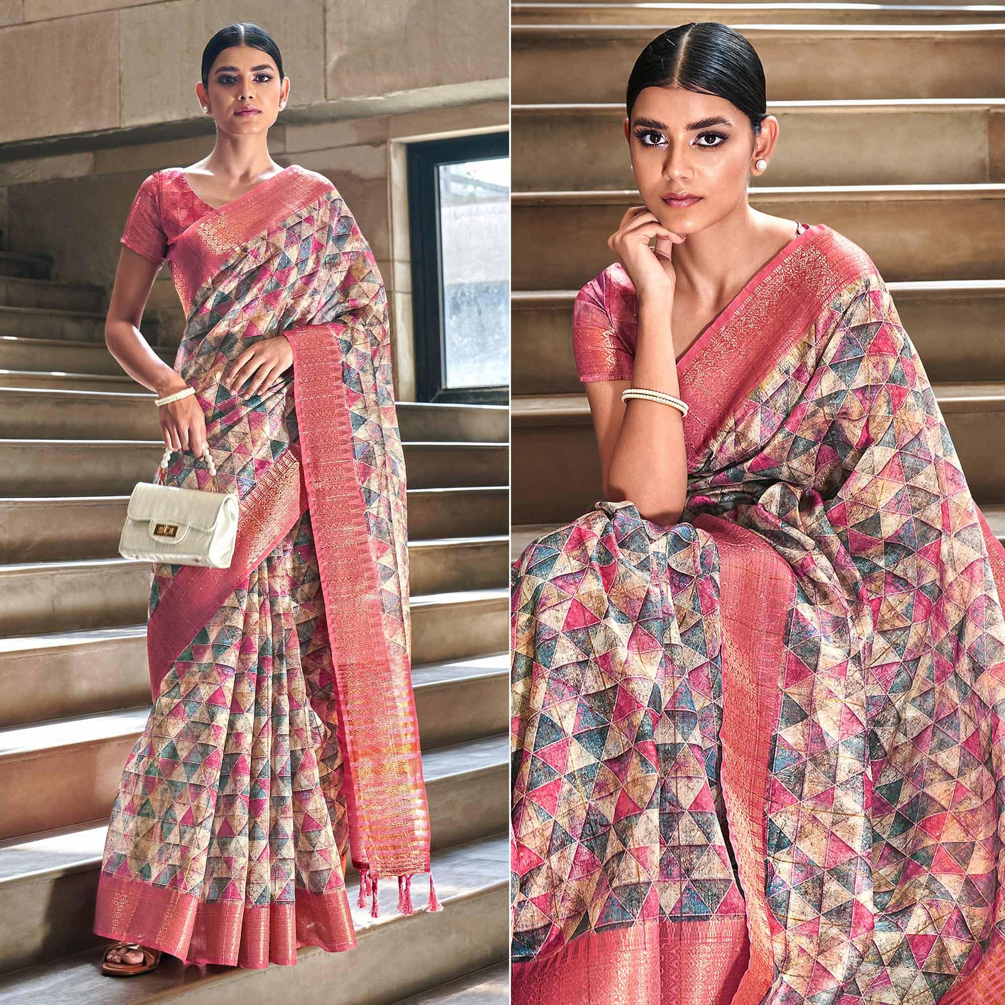 Multicolor Digital Printed-Woven Art Silk Saree With Tassels - Peachmode