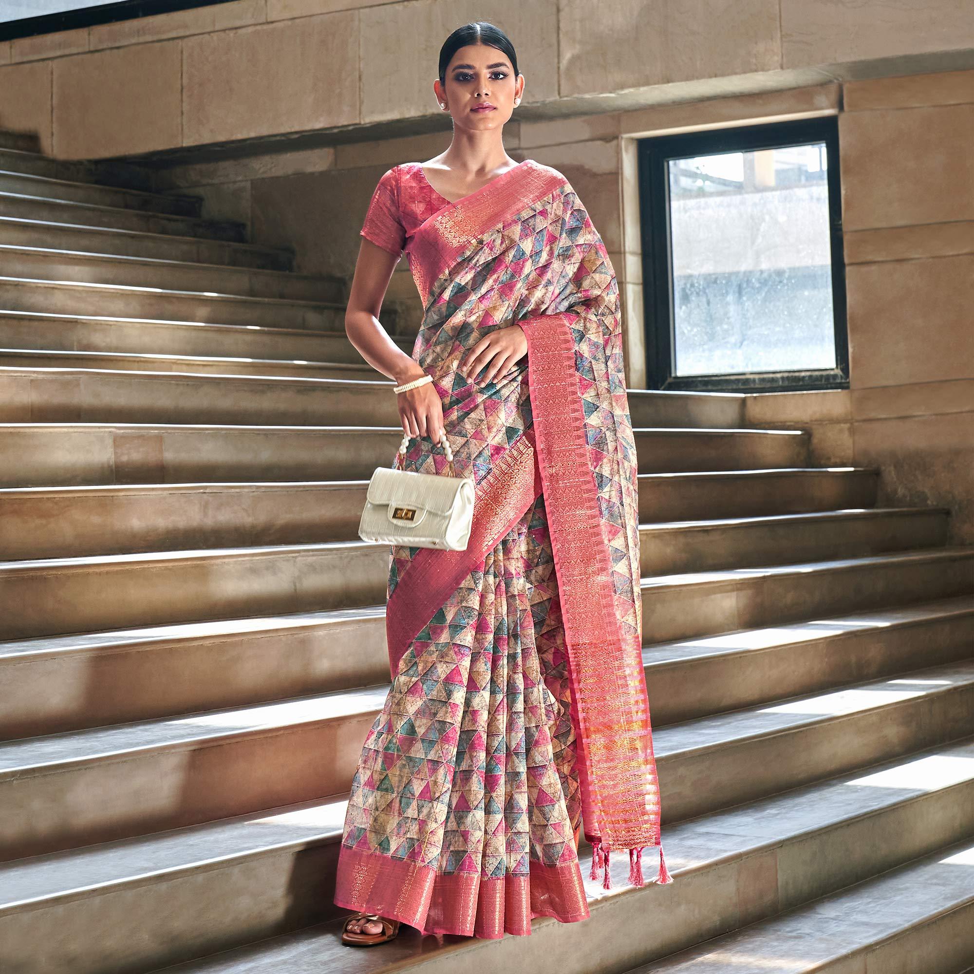Multicolor Digital Printed-Woven Art Silk Saree With Tassels - Peachmode