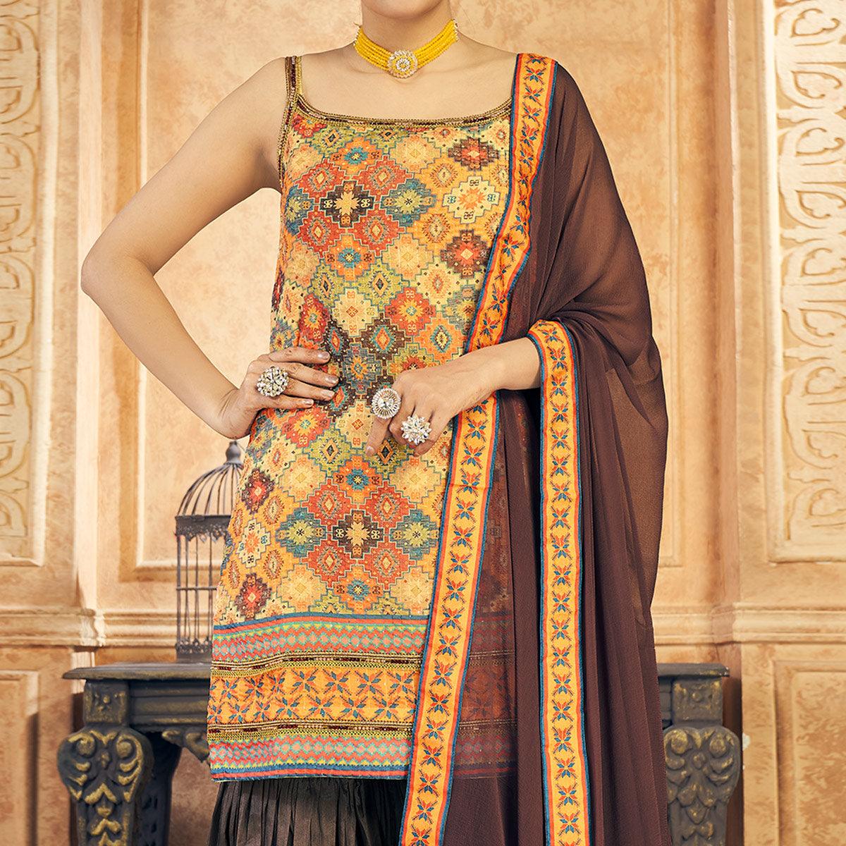 Multicolor Embroidered Chiffon Sharara Suit - Peachmode