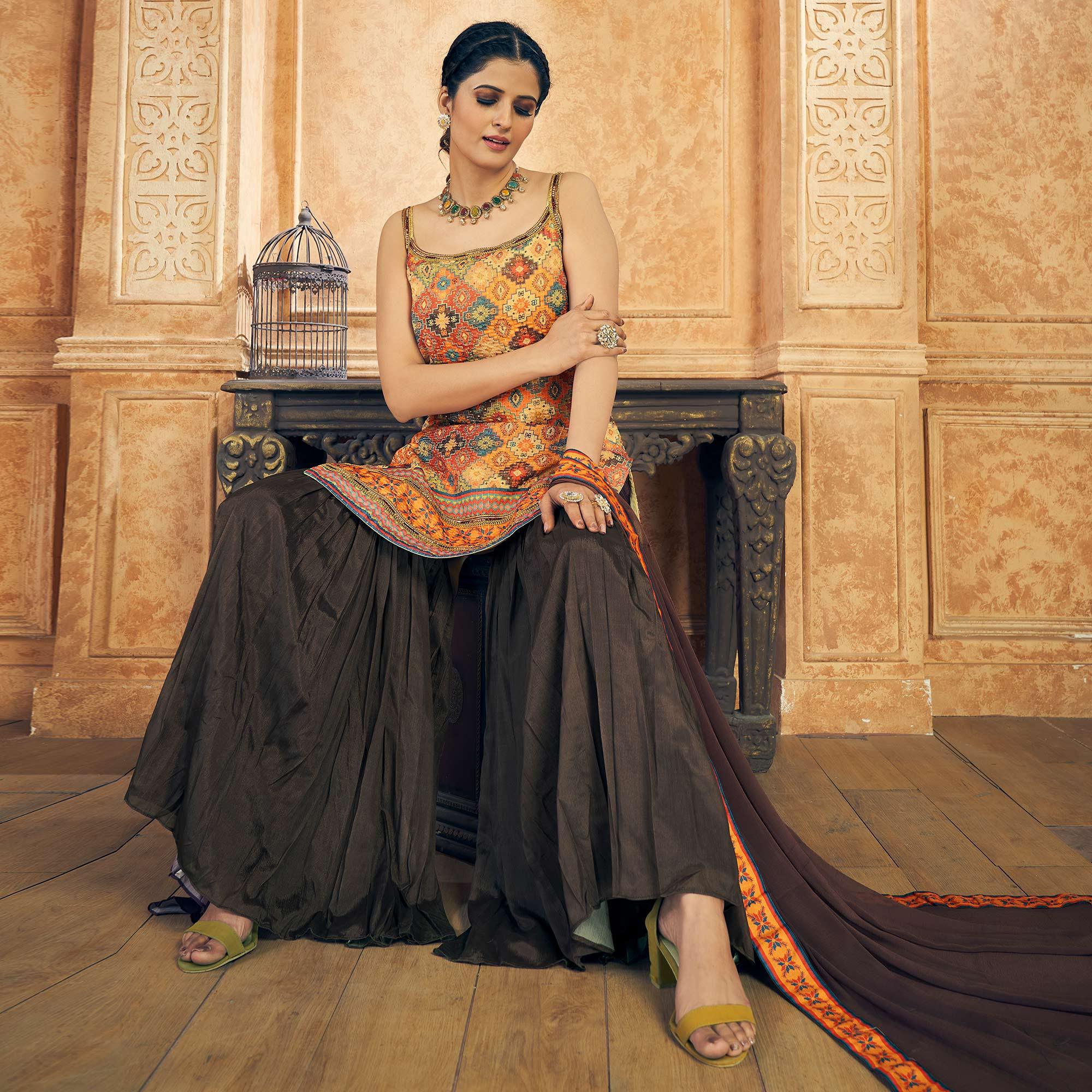 Multicolor Embroidered Chiffon Sharara Suit - Peachmode