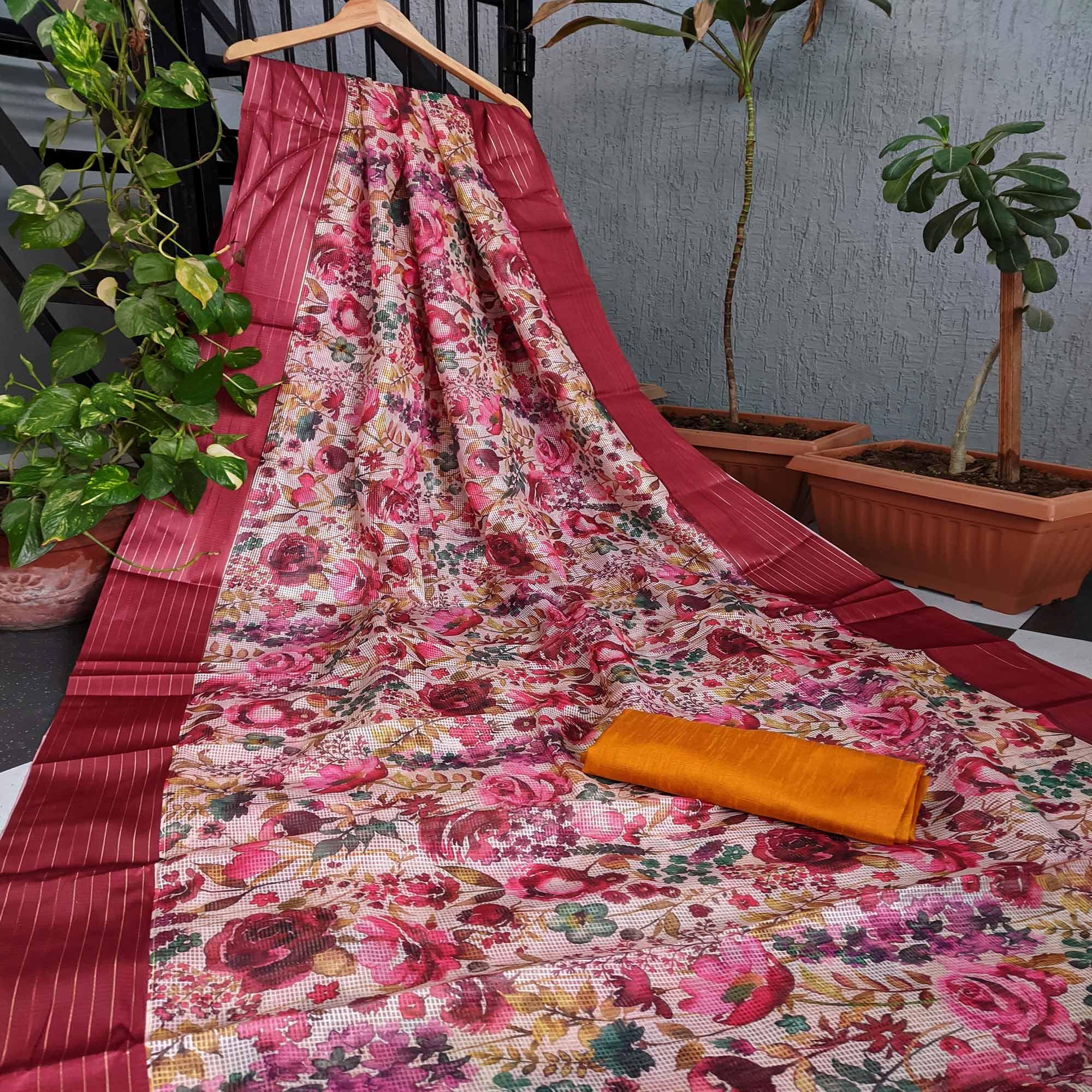 Multicolor Festive Wear Floral Digital Print With Woven Border Silk Saree - Peachmode