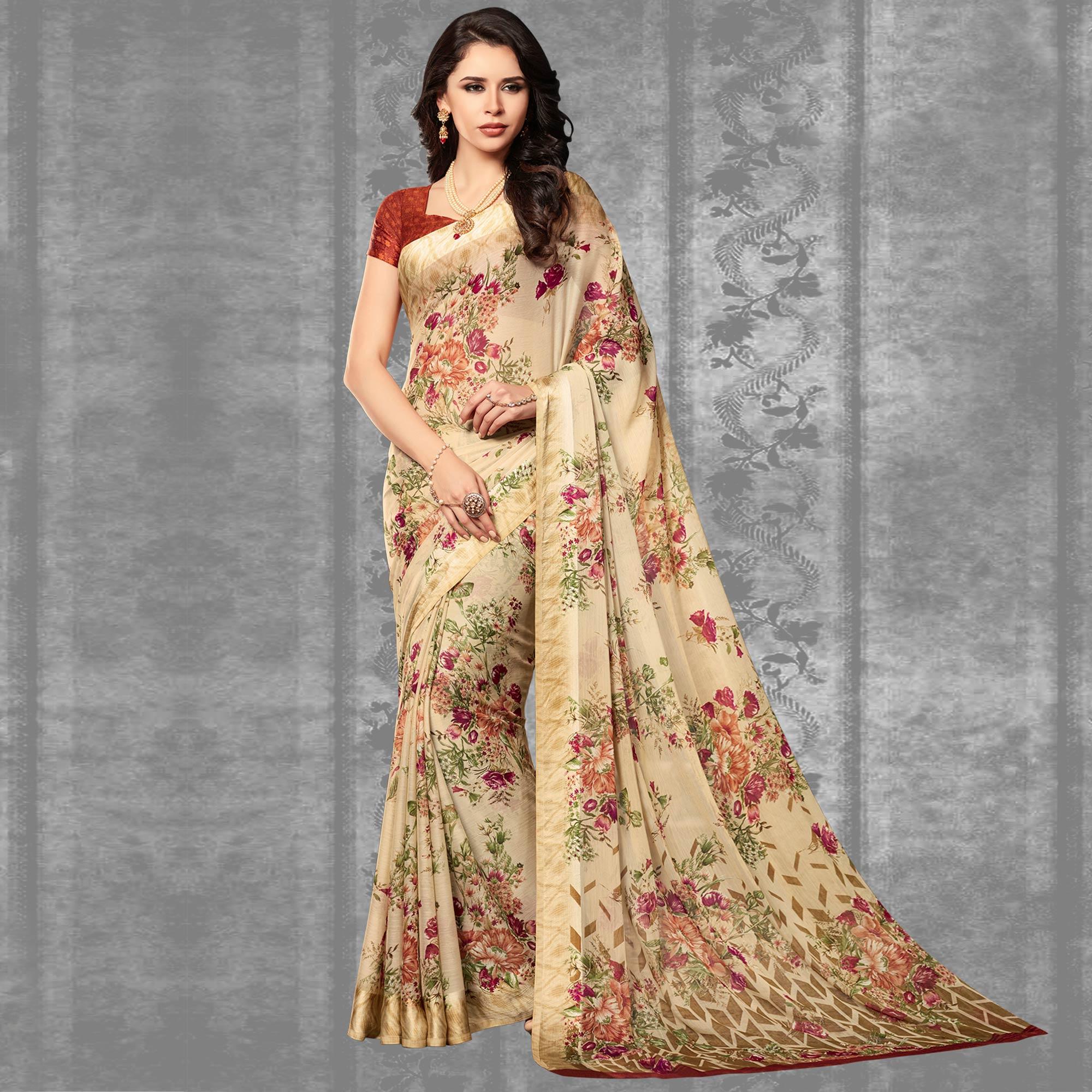 Multicolor Festive Wear Floral Printed Chiffon Satin Saree - Peachmode