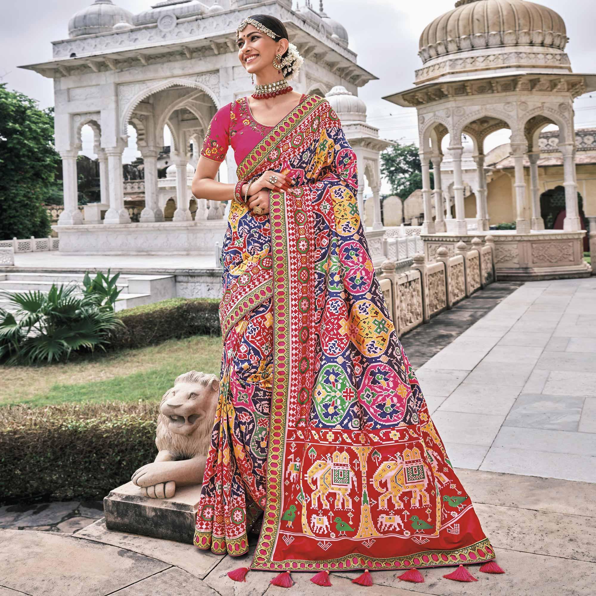 Multicolor Festive Wear Plain & Hand Work  Pure Silk Saree - Peachmode