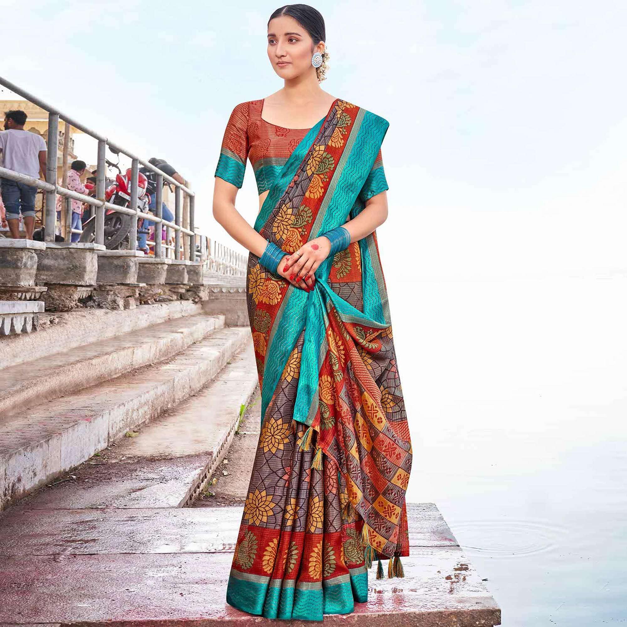 Multicolor Festive Wear Printed Brasso Saree - Peachmode