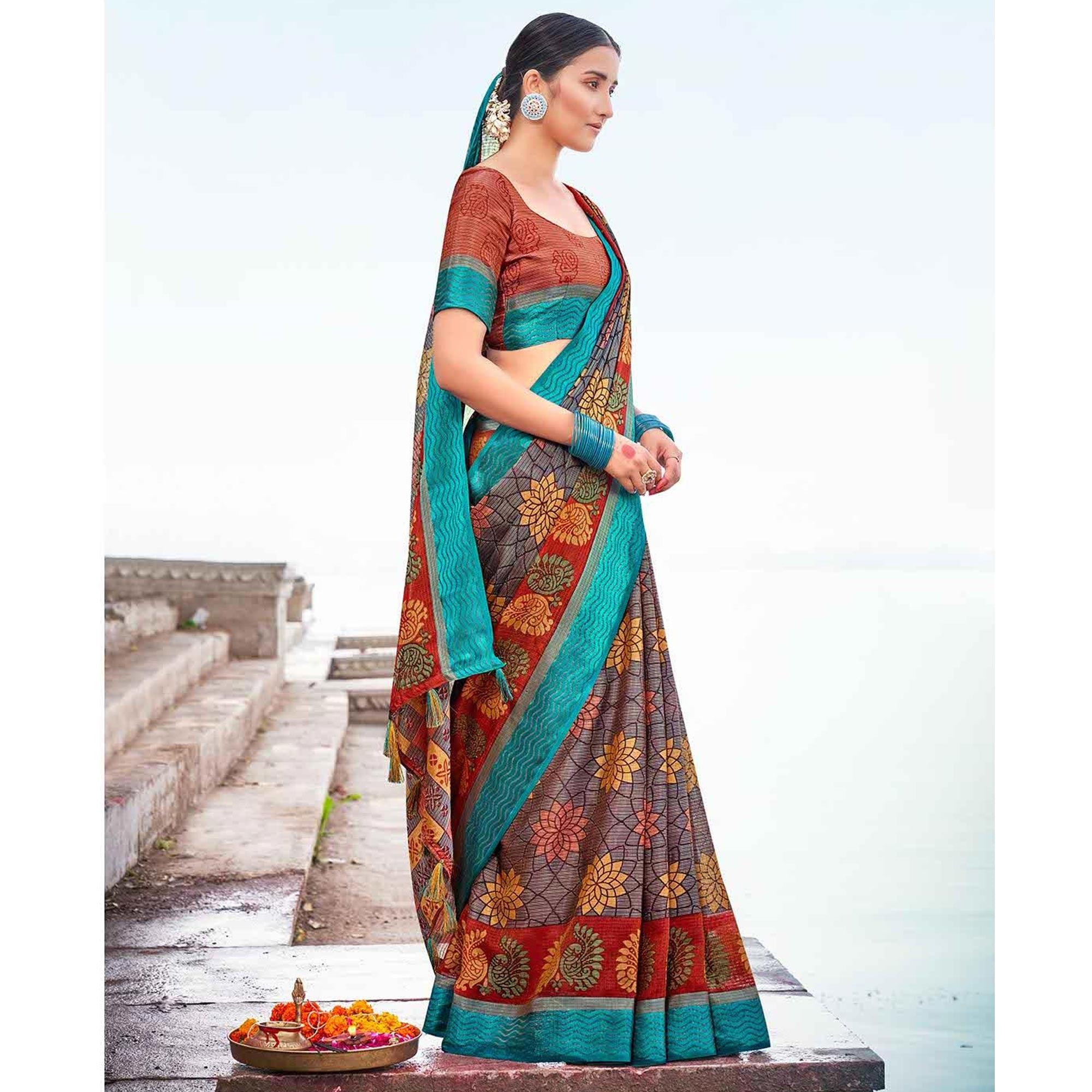Multicolor Festive Wear Printed Brasso Saree - Peachmode