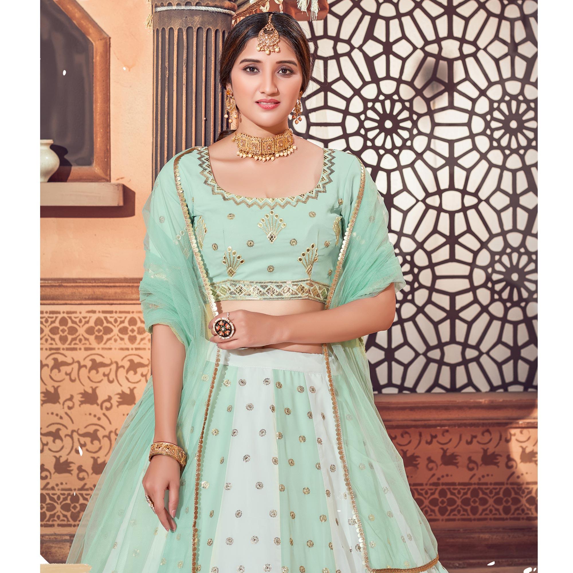 Multicolor Festive Wear Thread with Sequence Embroidered Georgette Lehenga Choli - Peachmode