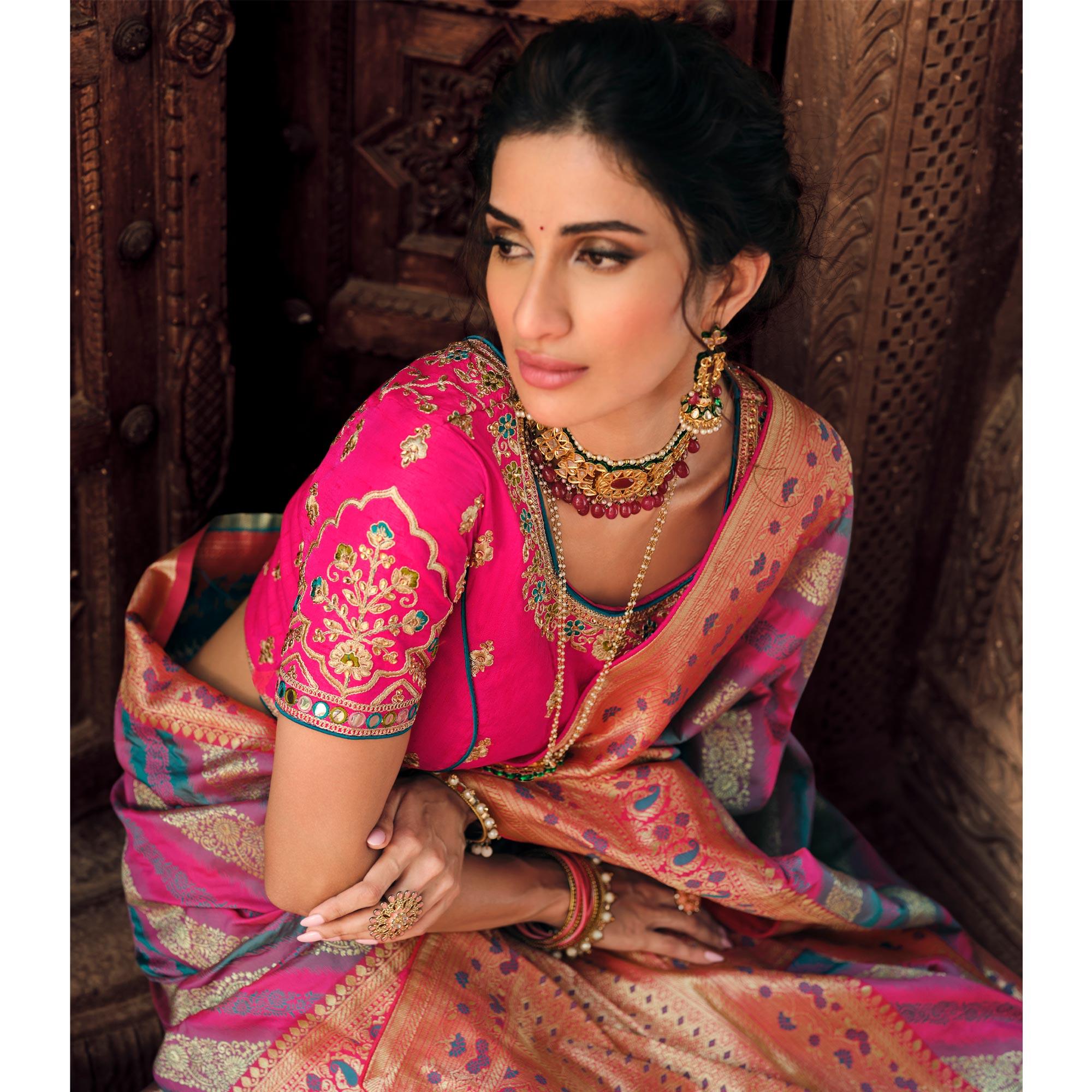 Multicolor Festive Wear Woven Silk Saree - Peachmode