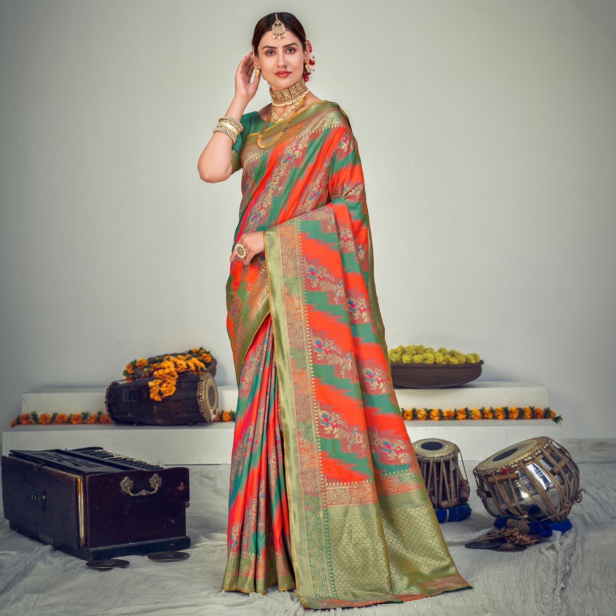 Multicolor Festive Wear Zari Woven Banarasi Silk Saree - Peachmode