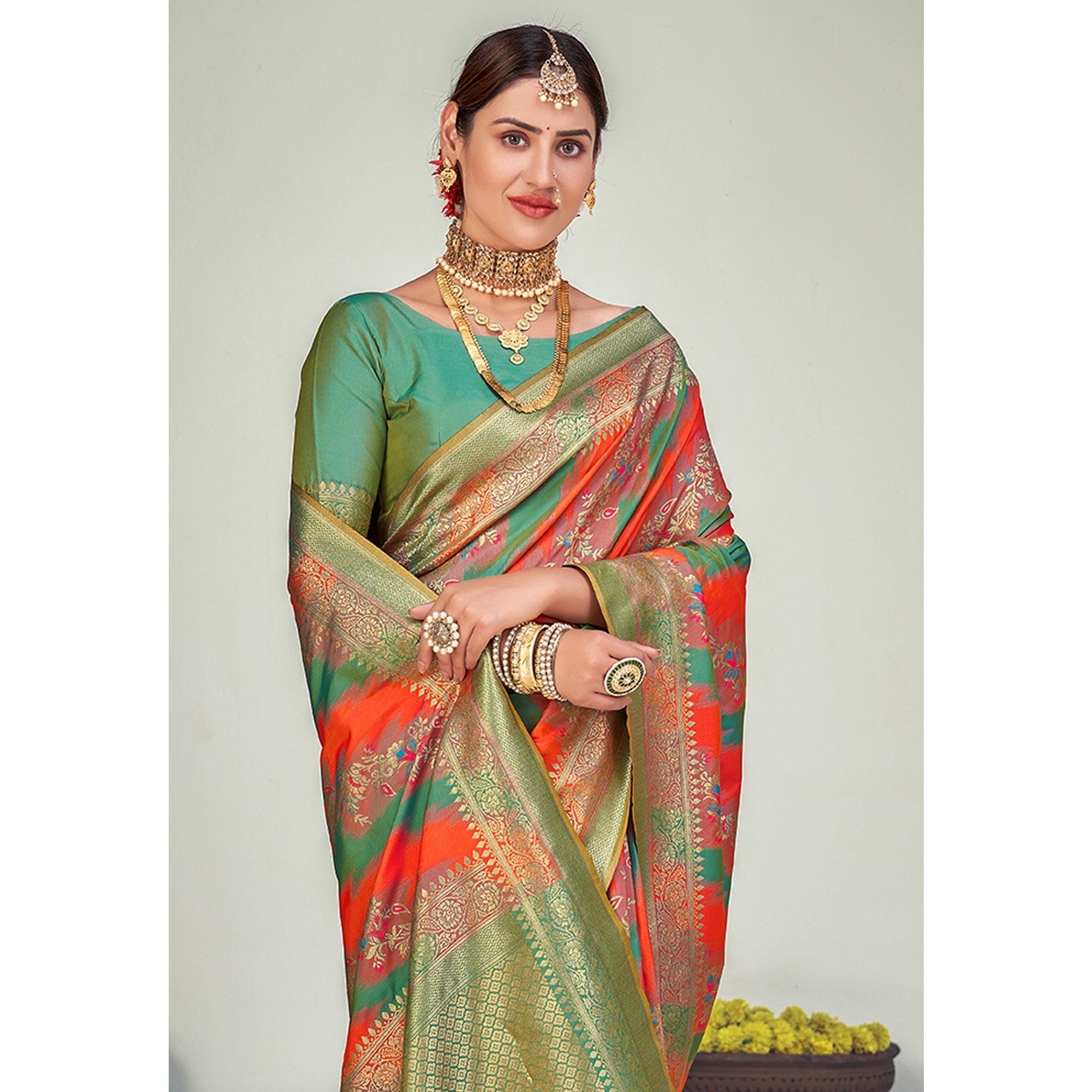Multicolor Festive Wear Zari Woven Banarasi Silk Saree - Peachmode