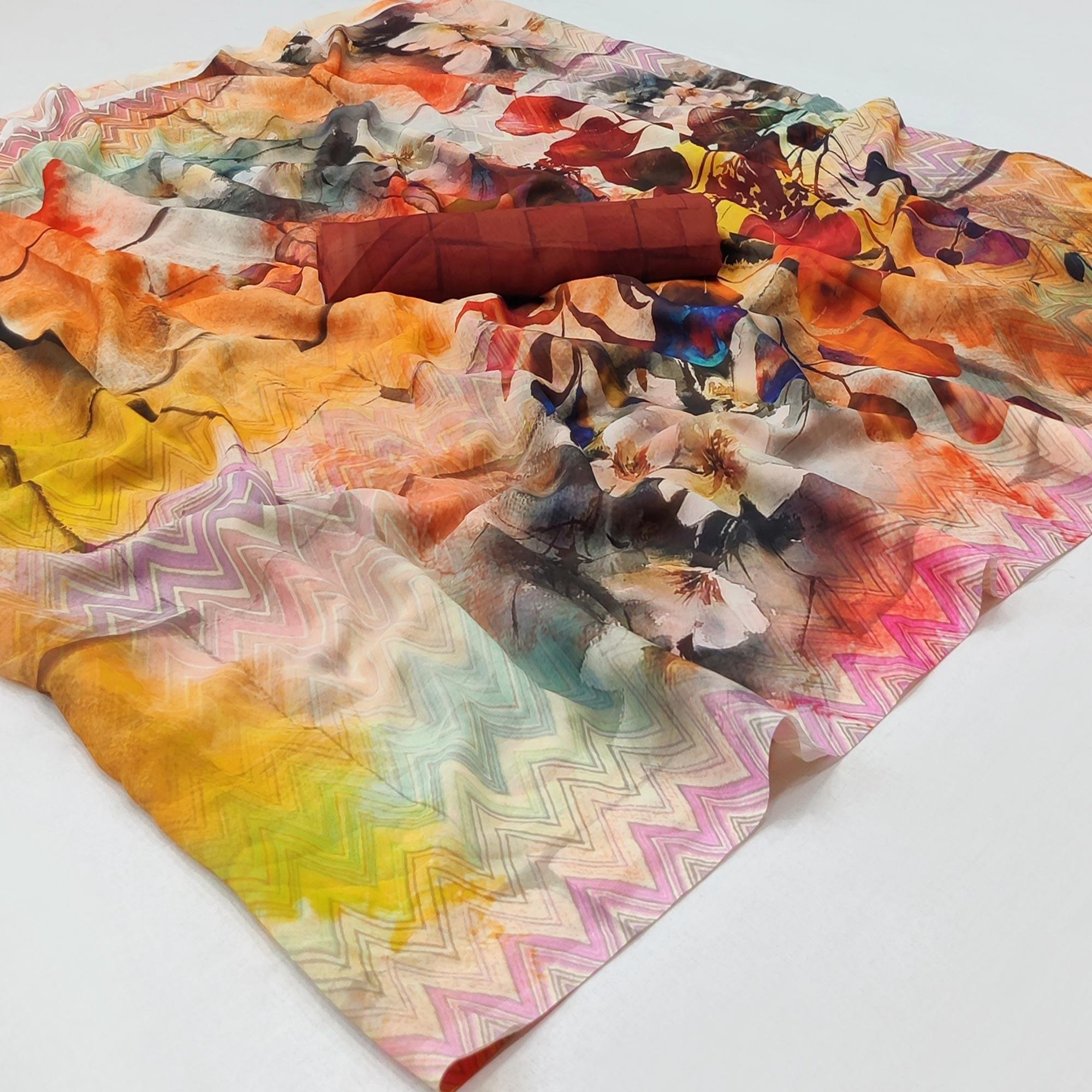 Multicolor Floral Digital Printed Georgette Saree - Peachmode