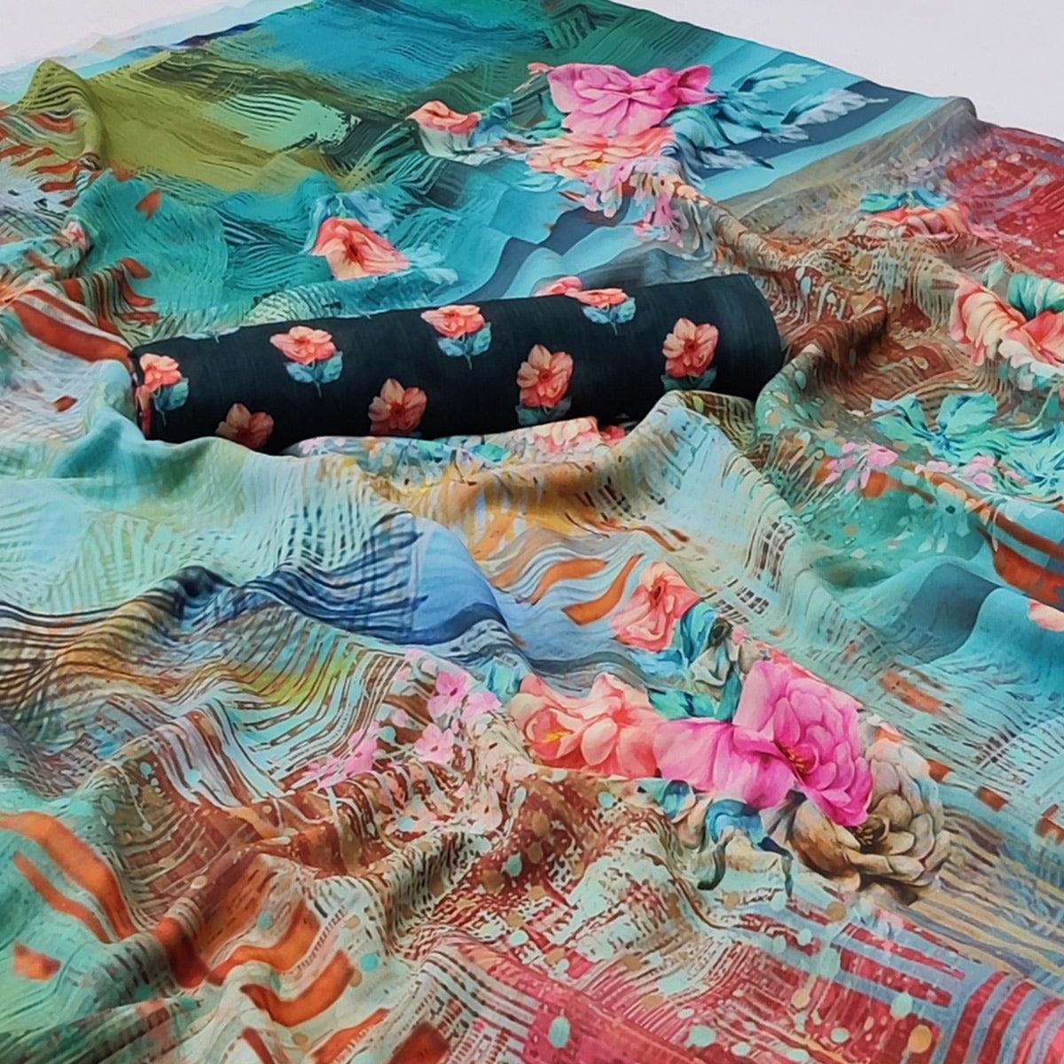 Multicolor Floral Digital Printed Georgette Saree - Peachmode