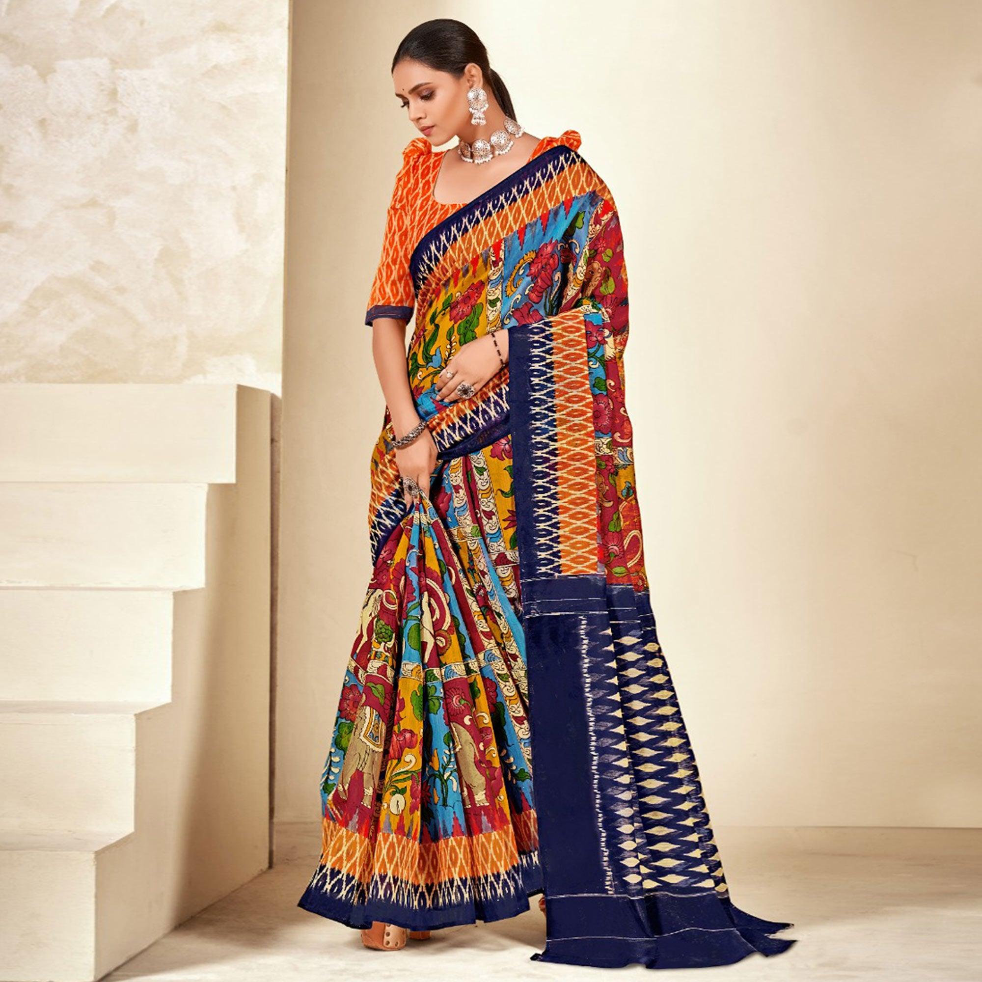 Multicolor Kalamkari Printed Poly Cotton Saree - Peachmode