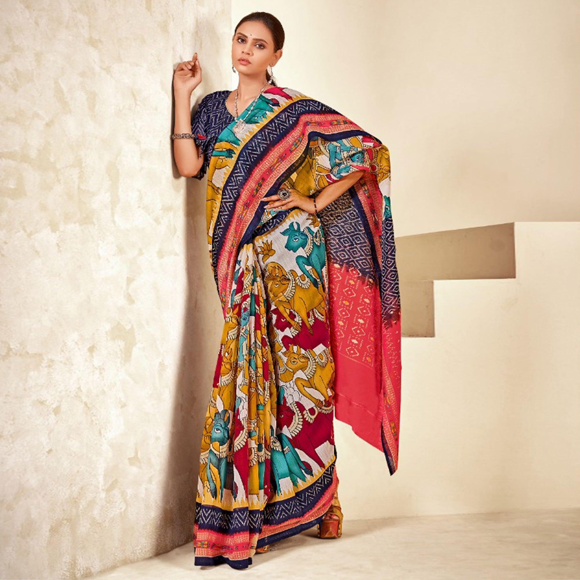 Multicolor Kalamkari Printed Poly Cotton Saree - Peachmode