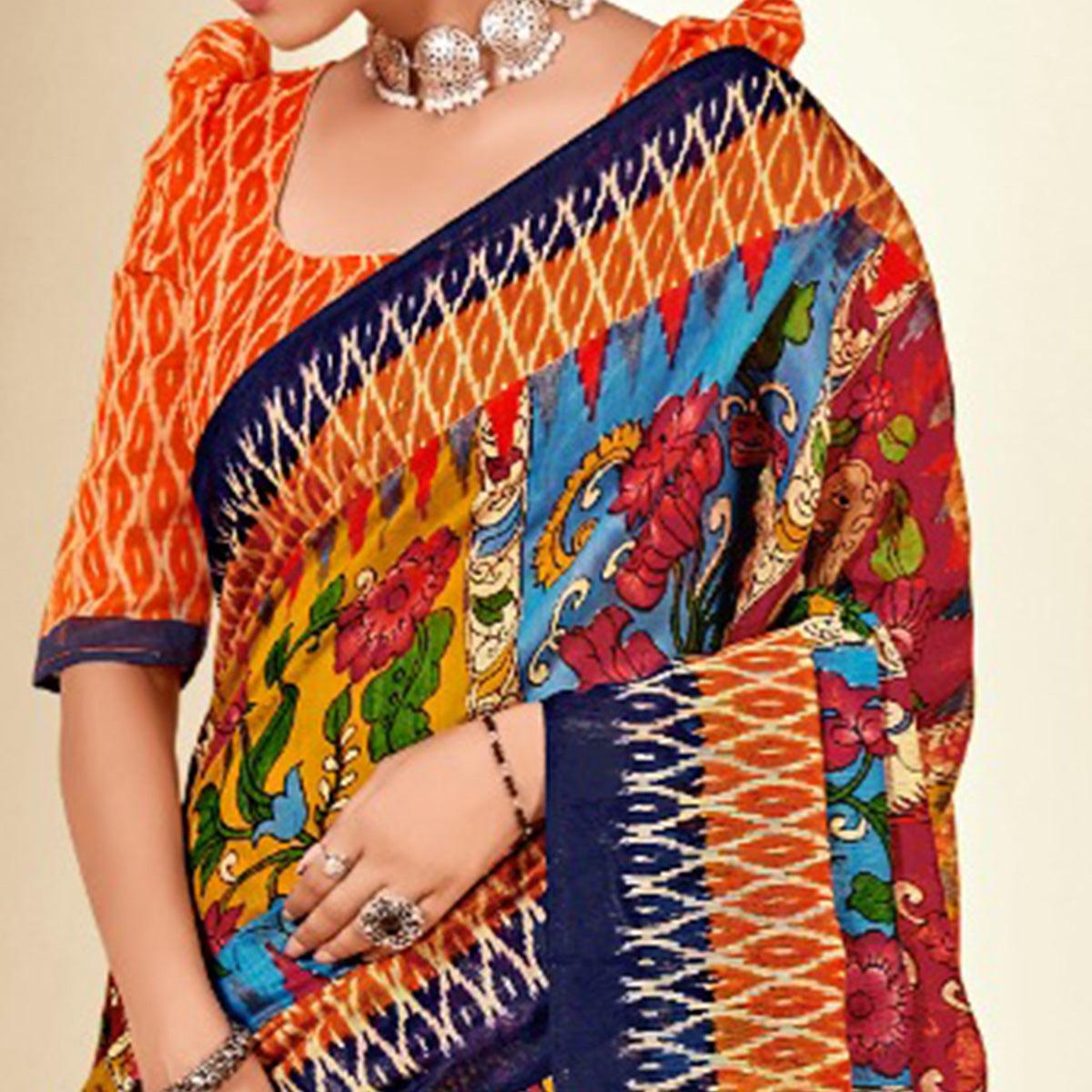 Multicolor Kalamkari Printed Poly Cotton Saree - Peachmode