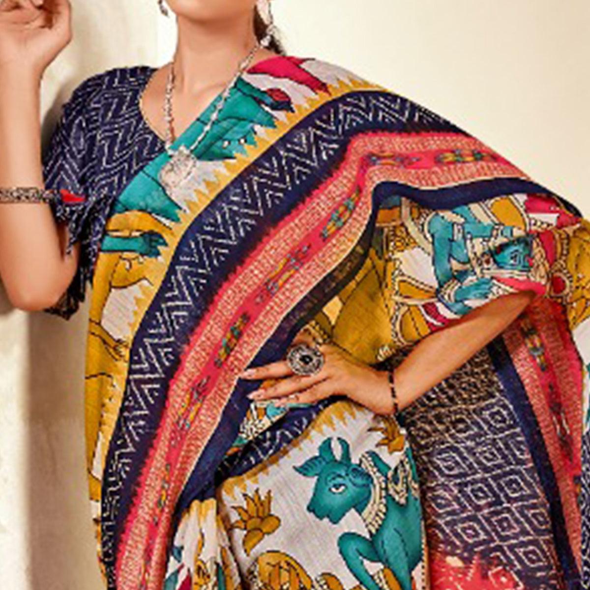 Multicolor Kalamkari Printed Poly Cotton Saree - Peachmode