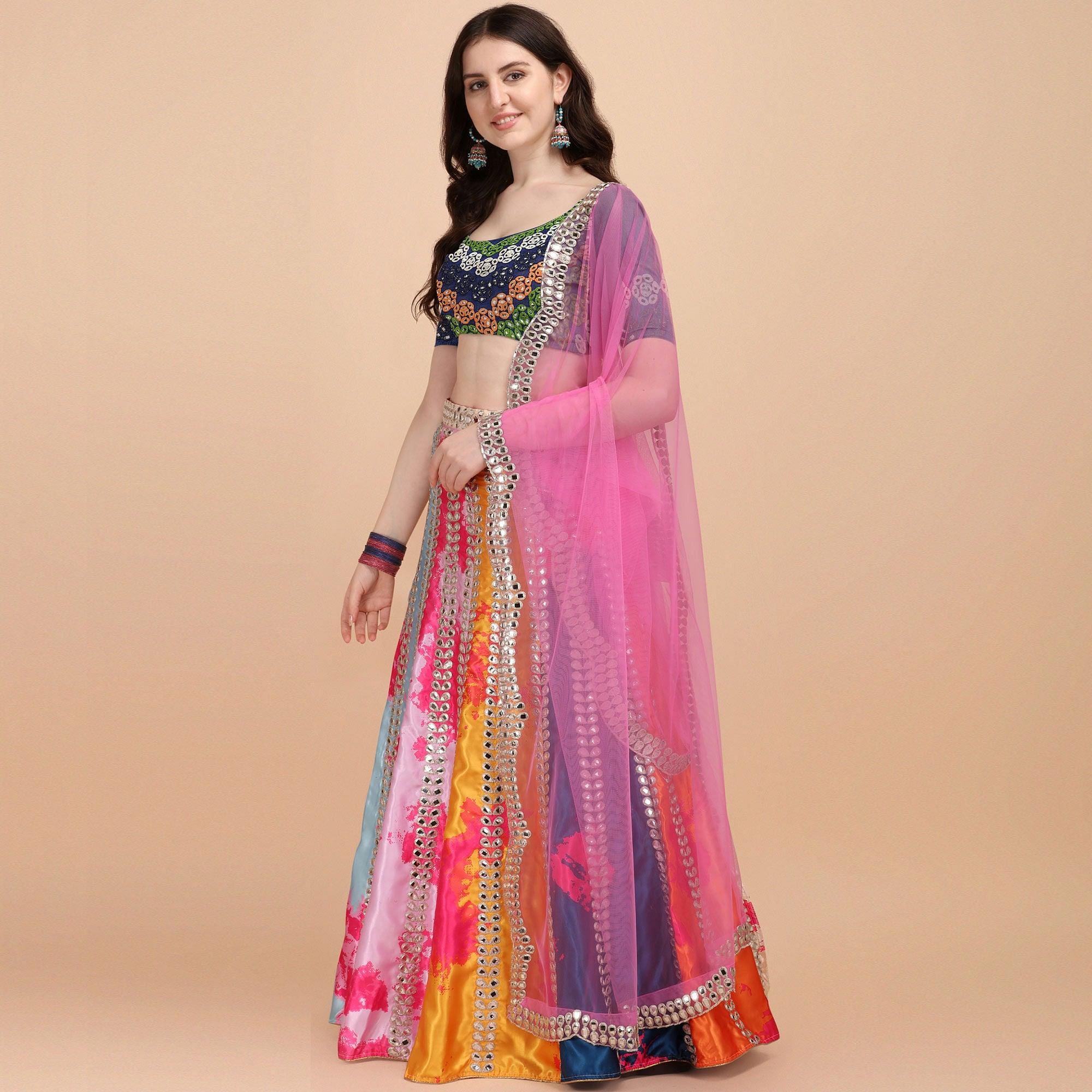 Multicolor Party Wear Digital Printed & Embroidered Satin Lehenga Choli - Peachmode