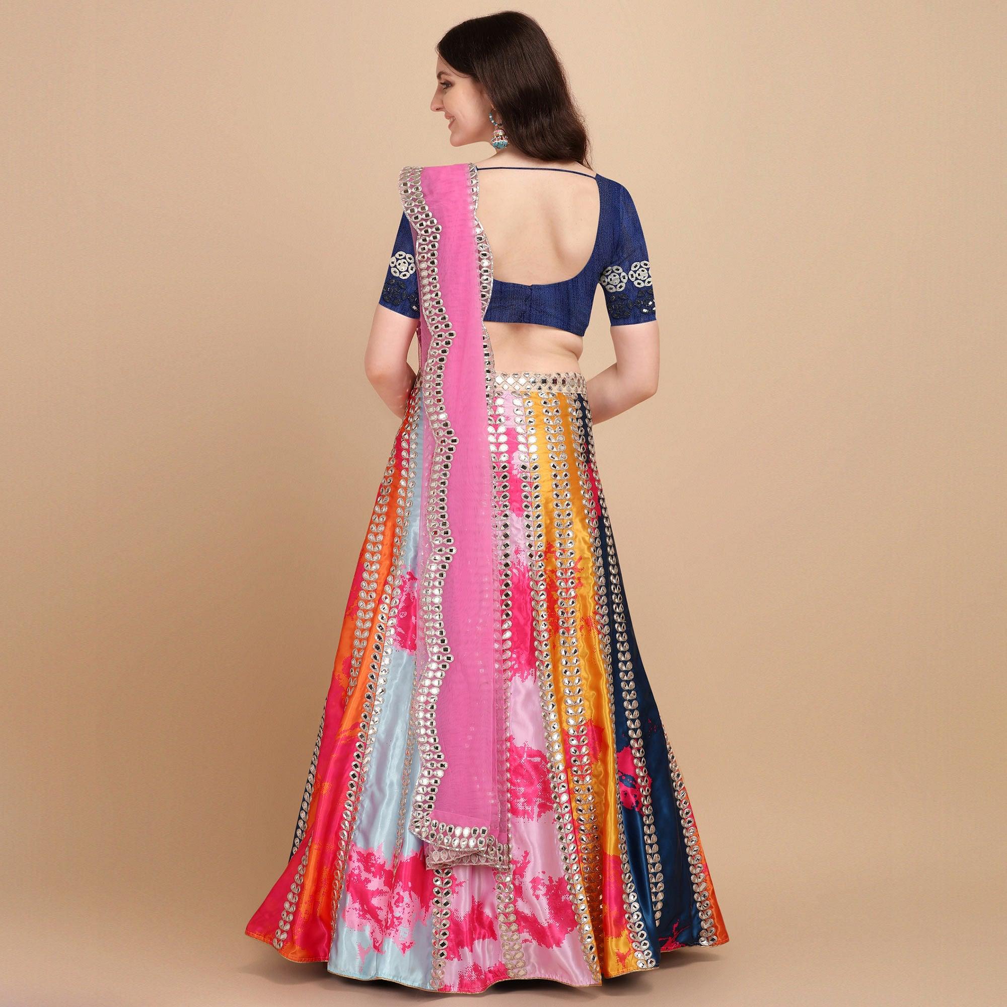 Multicolor Party Wear Digital Printed & Embroidered Satin Lehenga Choli - Peachmode