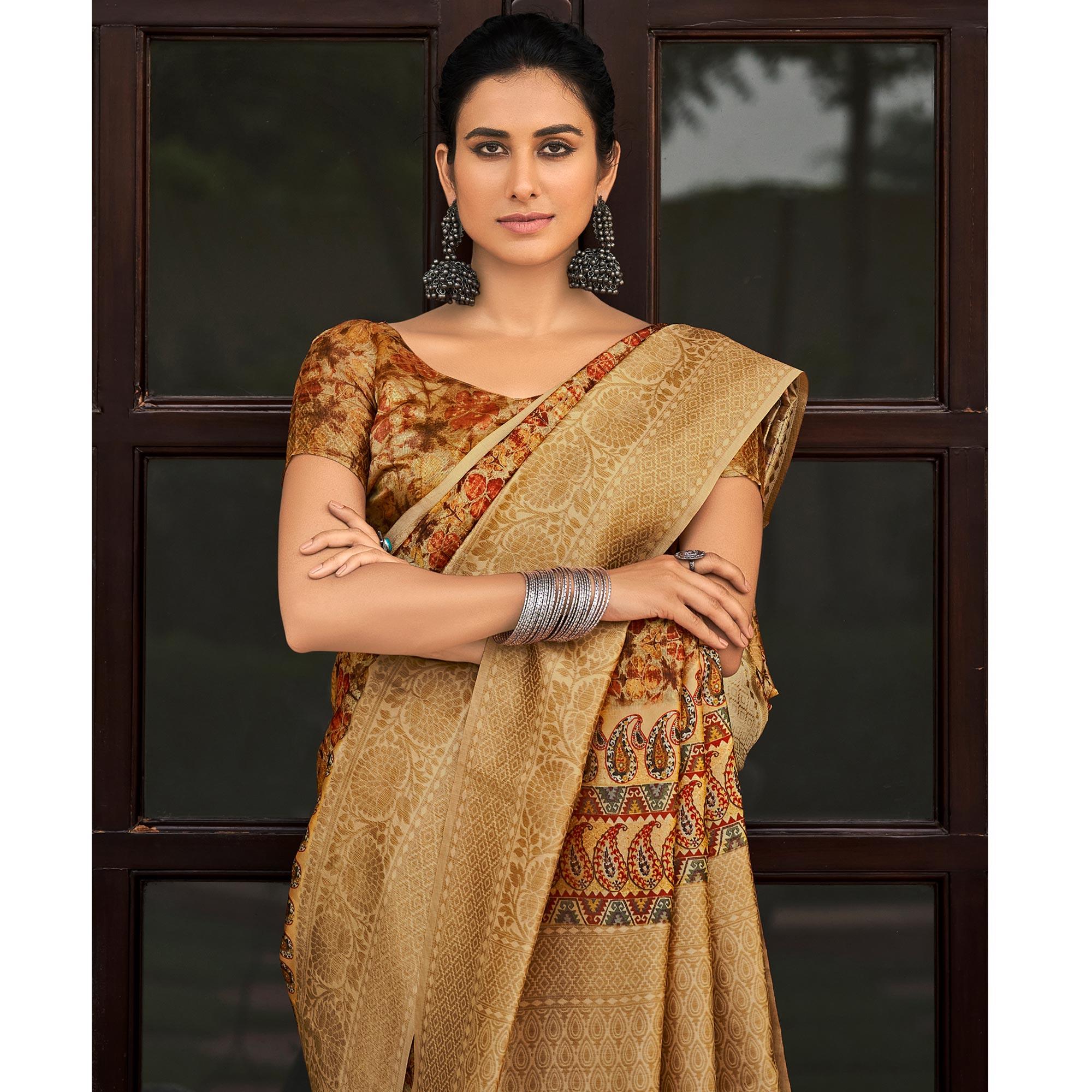 Multicolor Partywear Digital Printed Silk Saree - Peachmode
