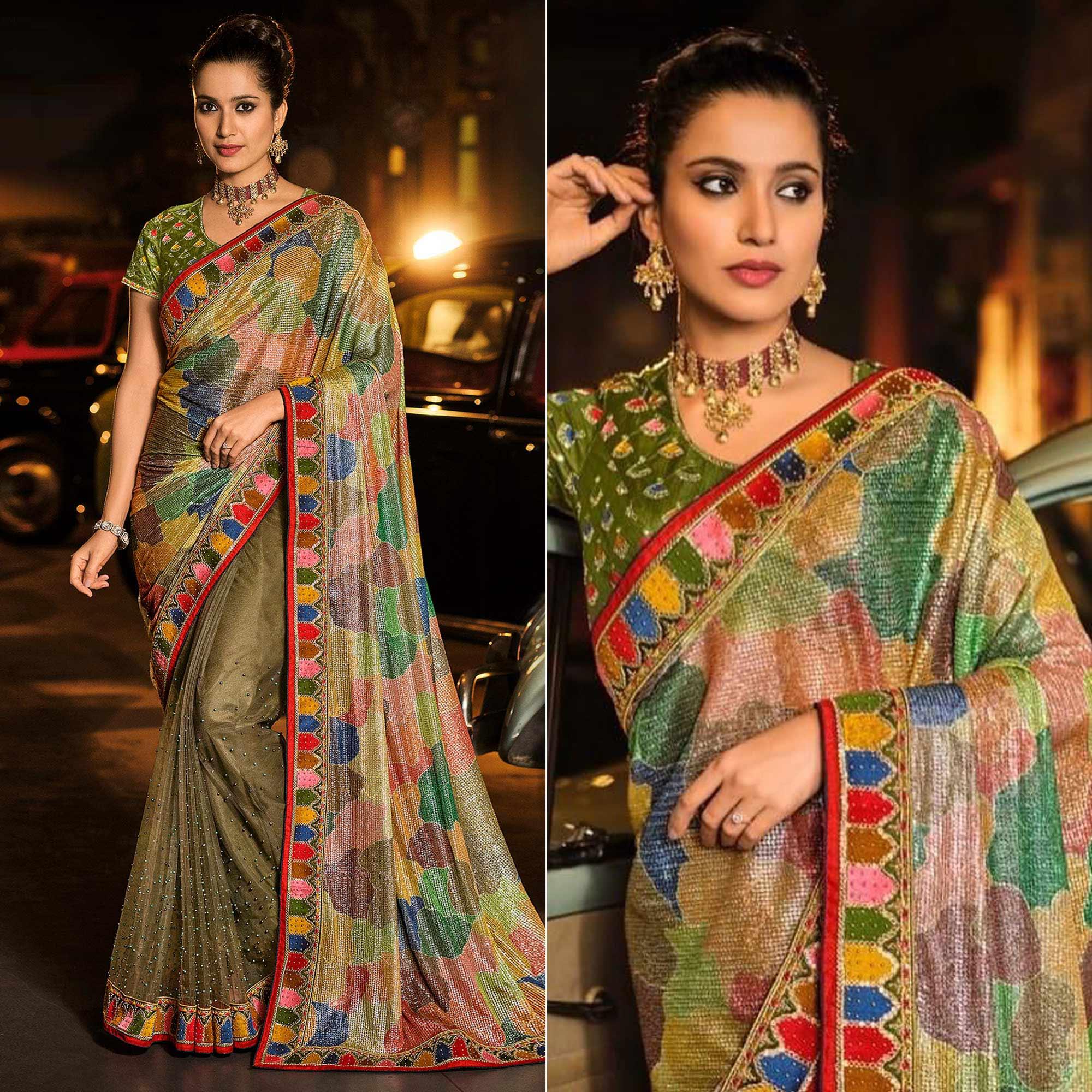 Multicolor Partywear Embroidered Sequence Embellished Net Saree - Peachmode
