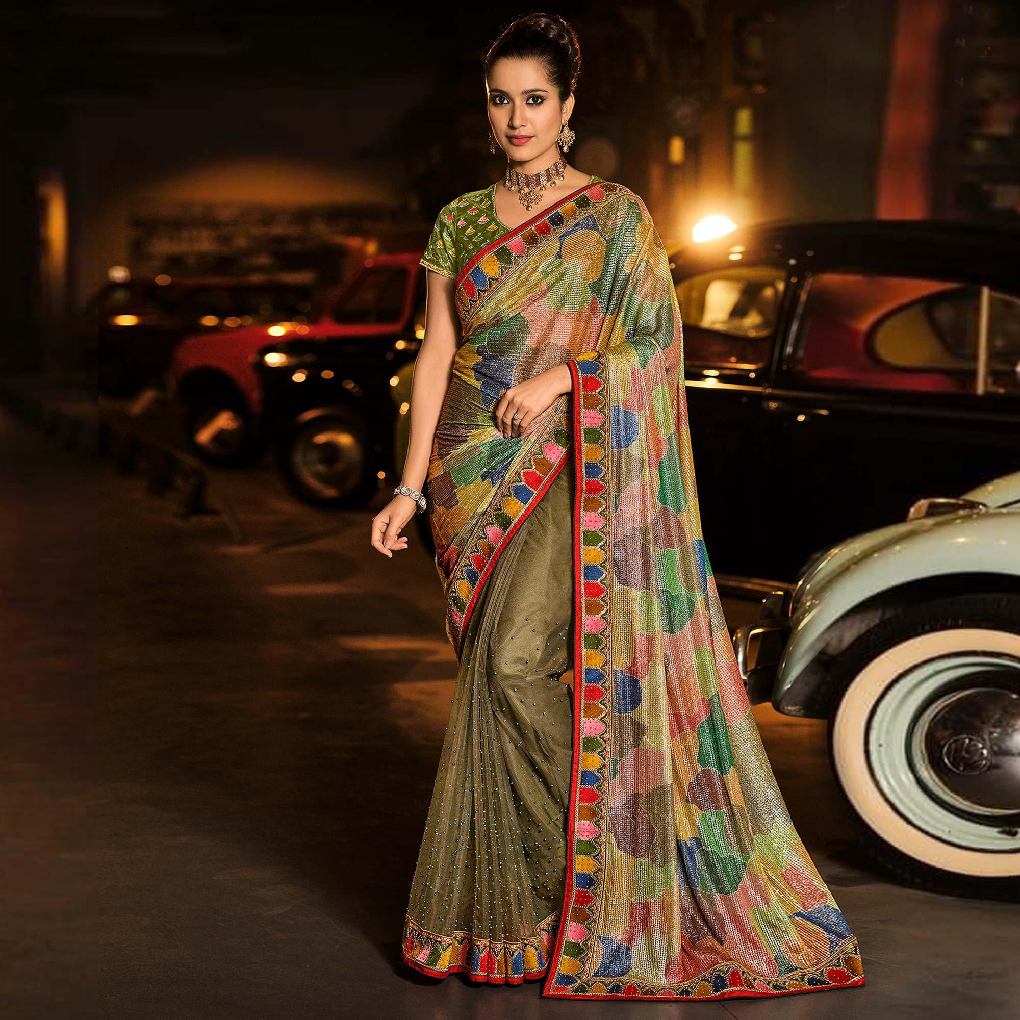 Multicolor Partywear Embroidered Sequence Embellished Net Saree - Peachmode