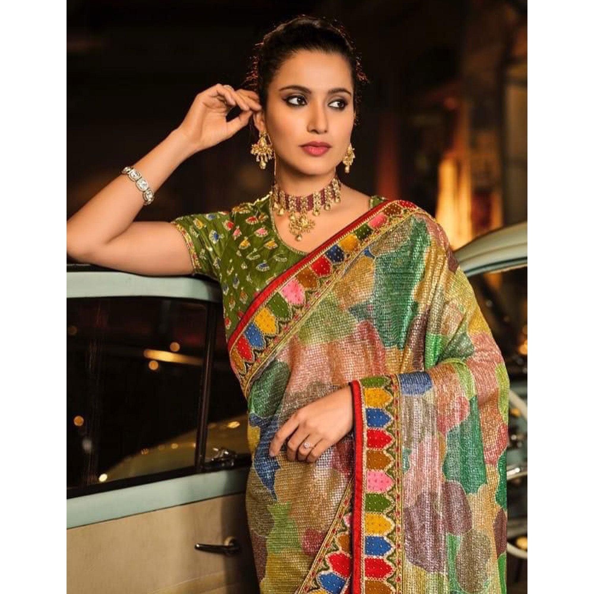Multicolor Partywear Embroidered Sequence Embellished Net Saree - Peachmode