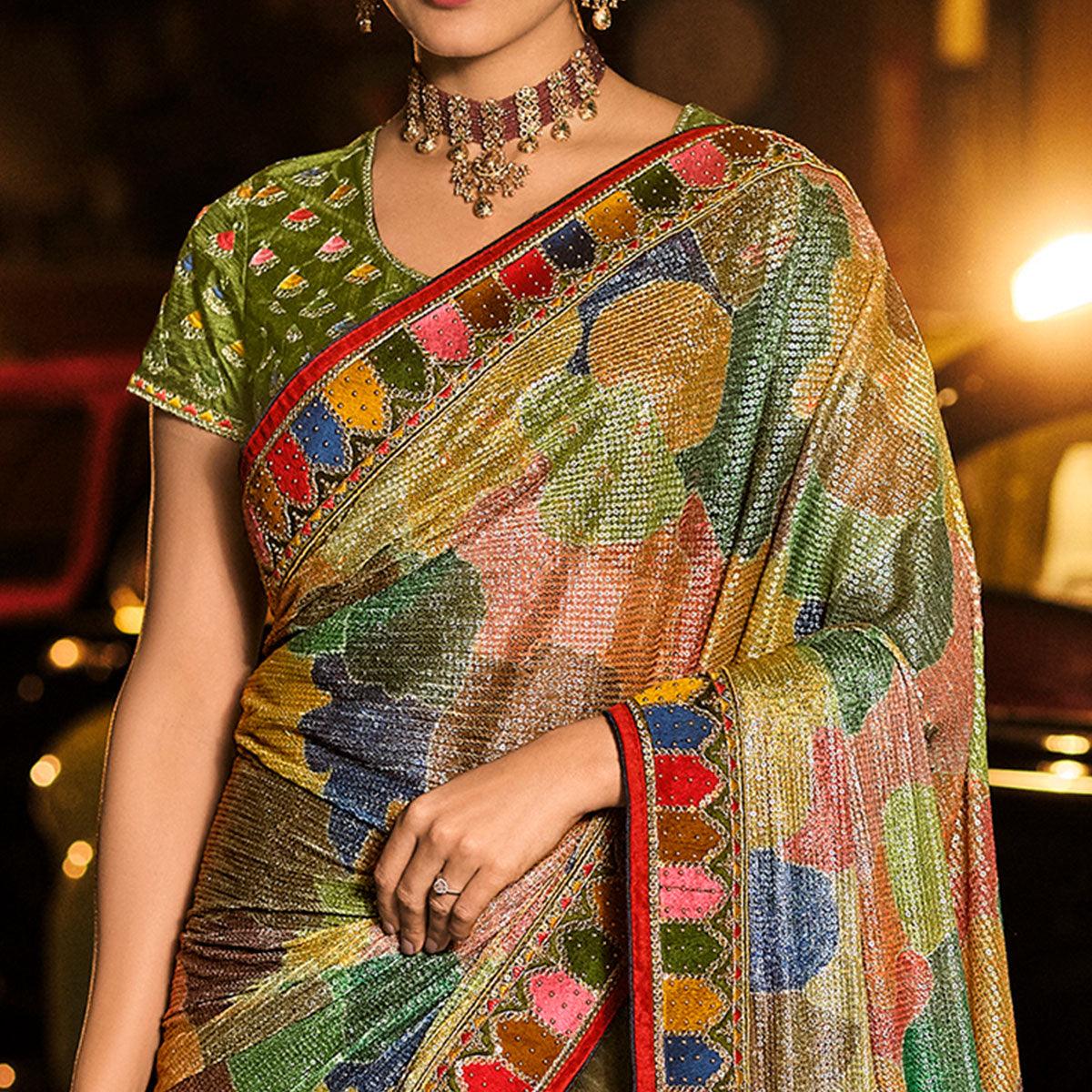 Multicolor Partywear Embroidered Sequence Embellished Net Saree - Peachmode