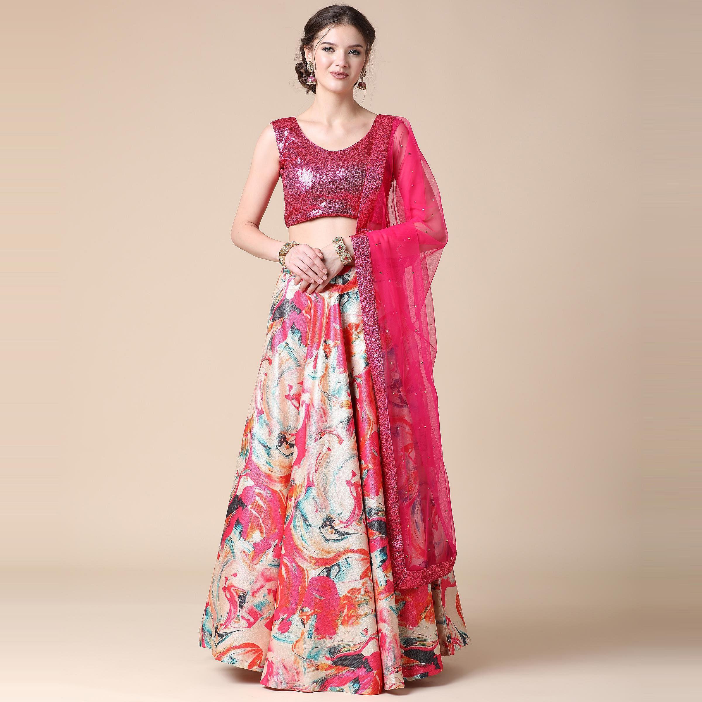 Multicolor Partywear Heavy Digital Printed Heavy Silk Lehenga - Peachmode