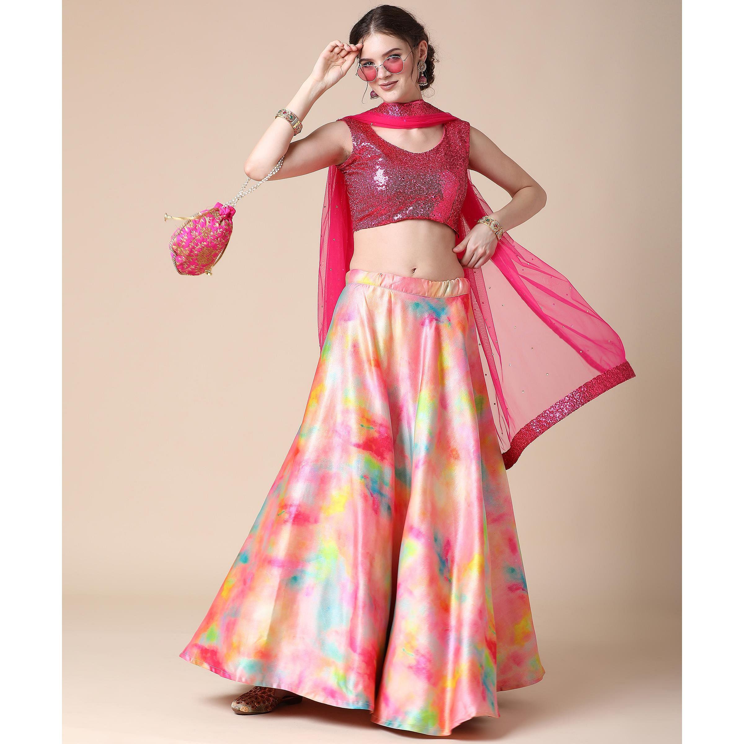Multicolor Partywear Heavy Digital Printed Heavy Silk Lehenga - Peachmode