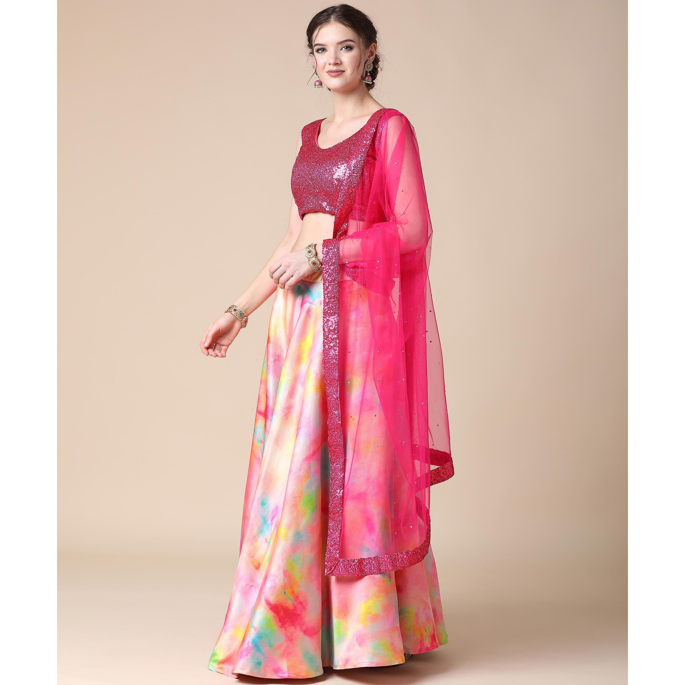 Multicolor Partywear Heavy Digital Printed Heavy Silk Lehenga - Peachmode